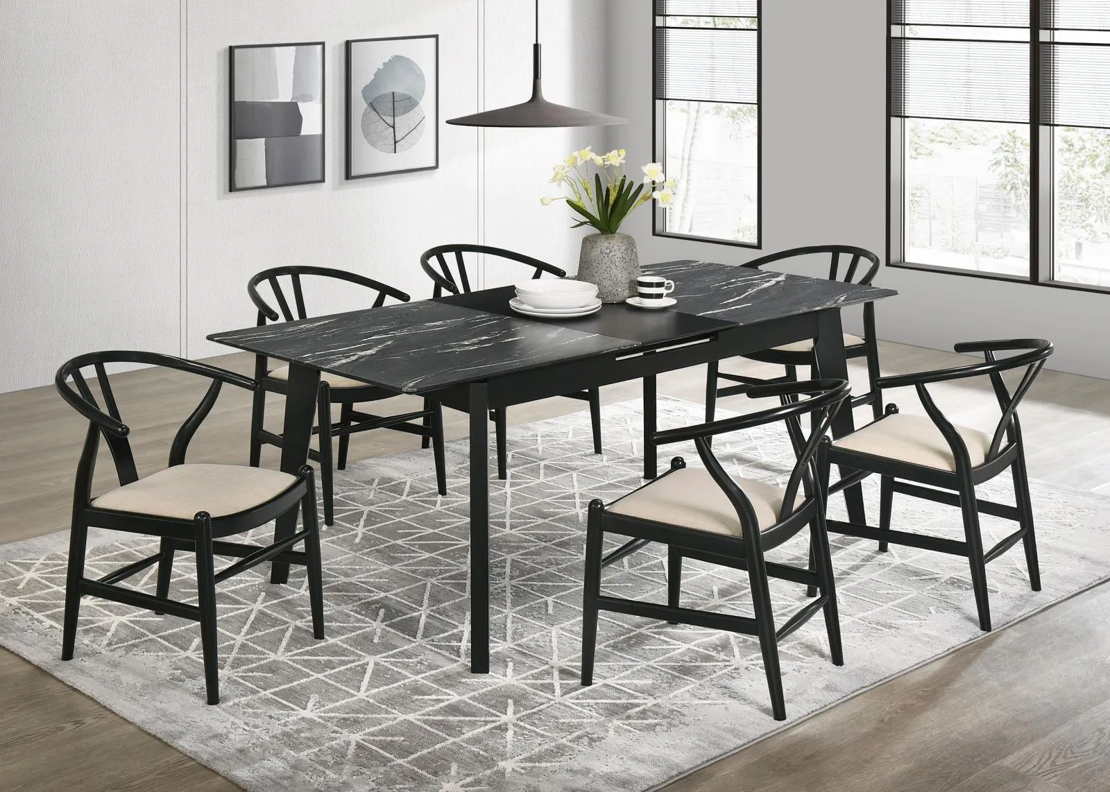 Cortona Danish Y-Shaped Back Wishbone Dining Side Chair Black and Beige (Set of 2) - Image 10