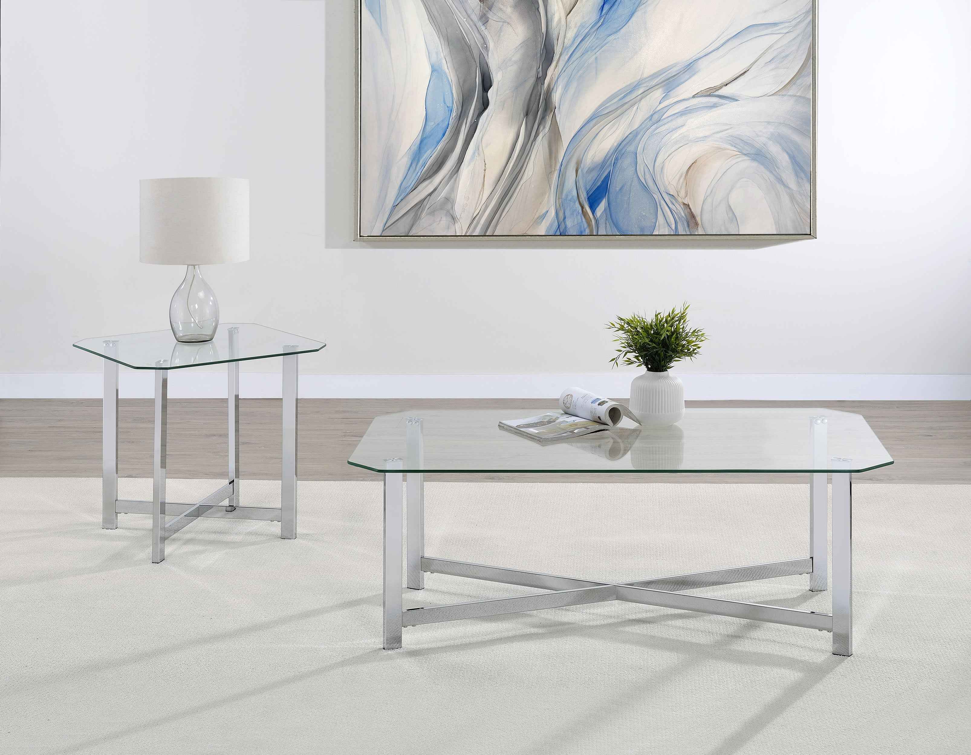 Cronin Chrome 2-piece Tempered Glass Top Coffee Table Set