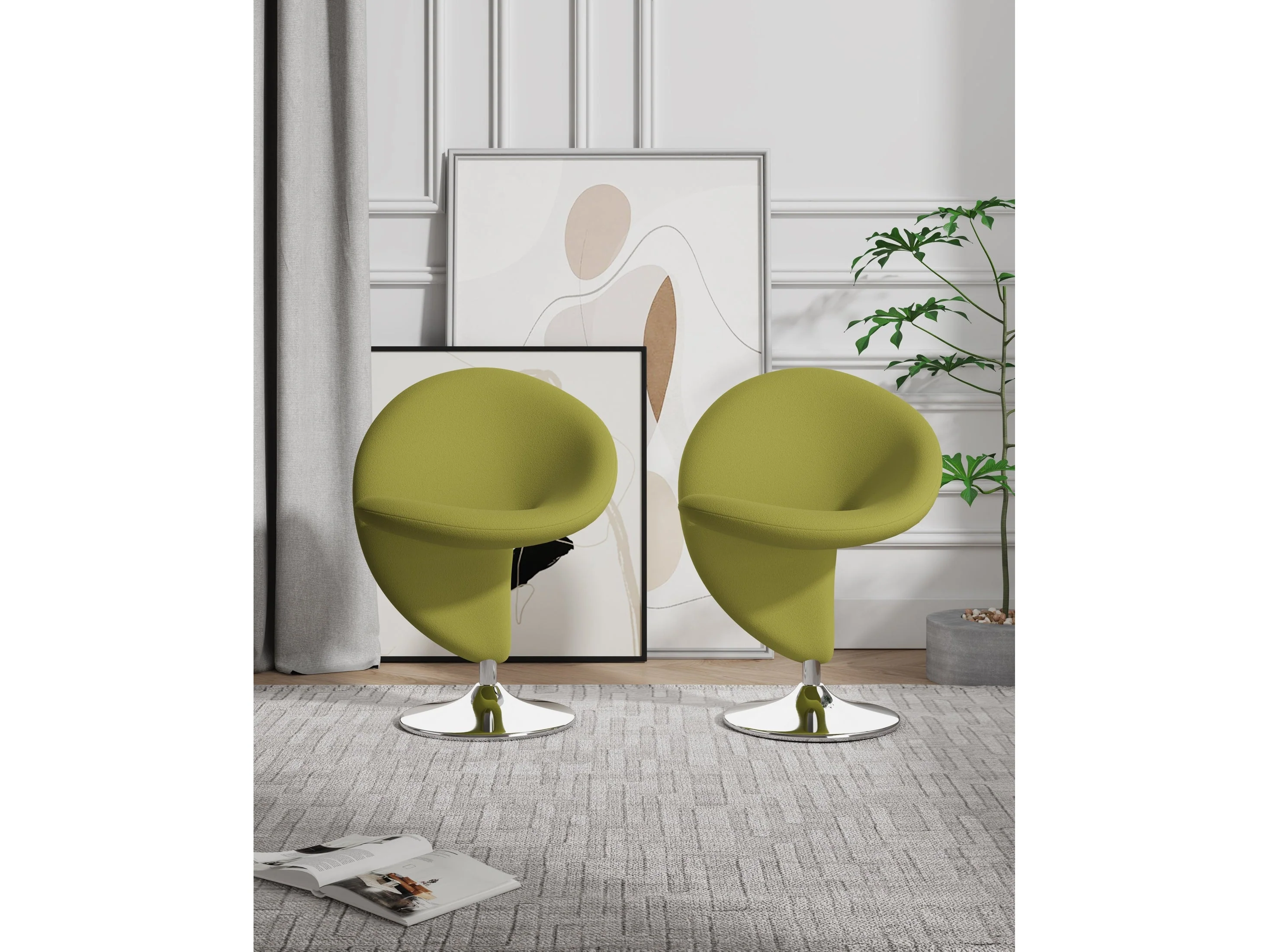 Curl Swivel Accent Chair in Green and Polished Chrome (set of 2)