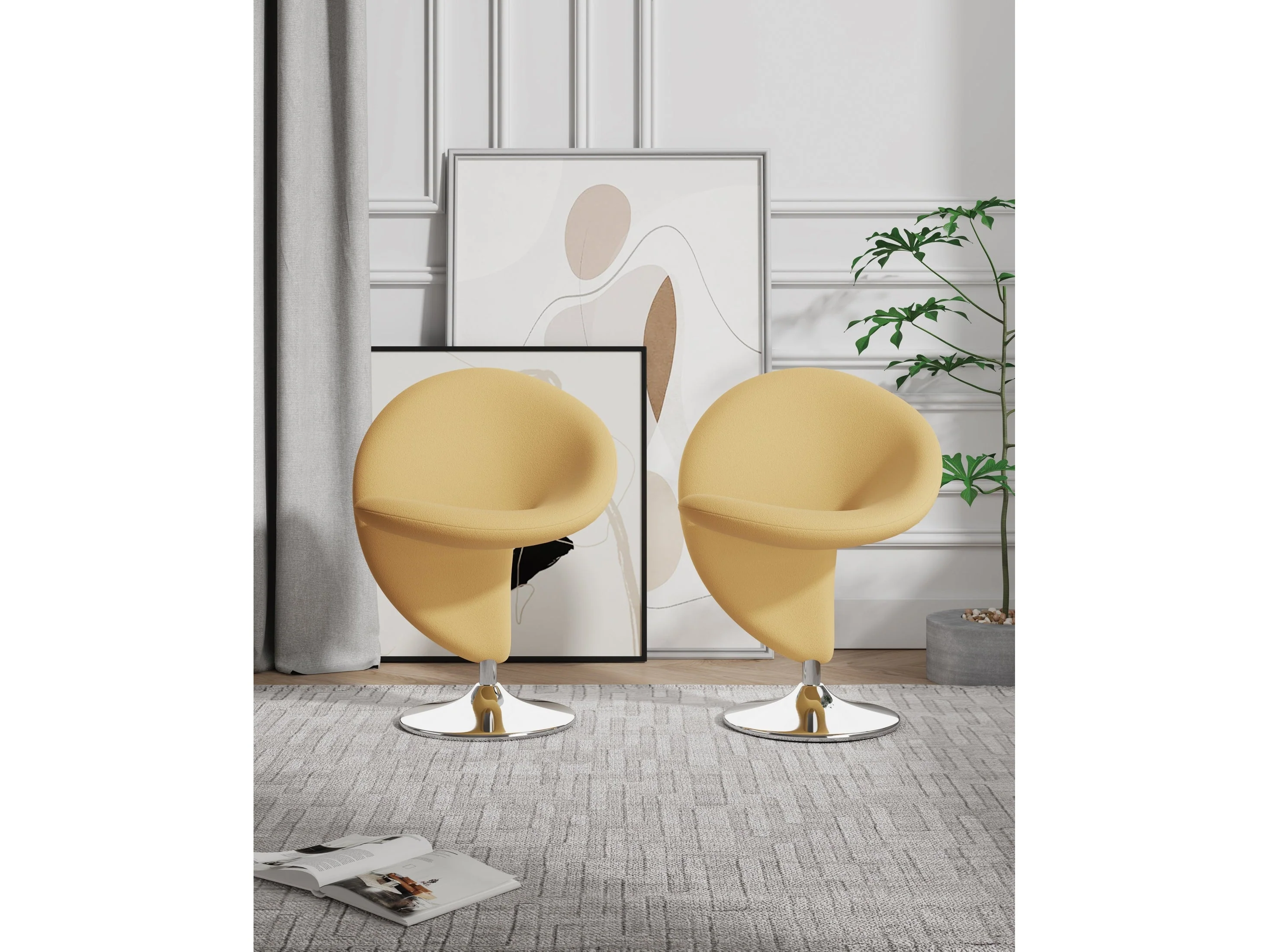 Curl Swivel Accent Chair in Yellow and Polished Chrome (set of 2)