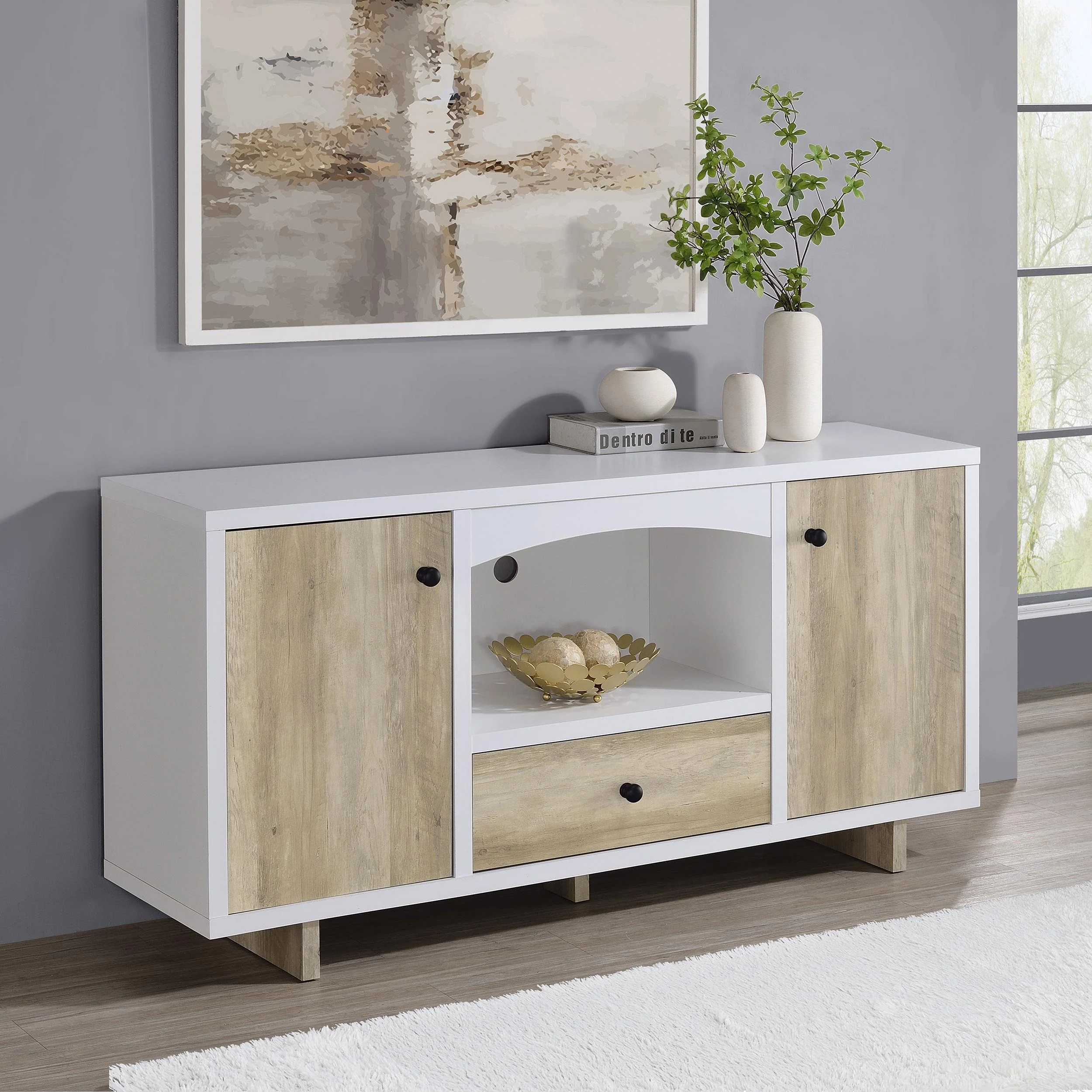 Dalton White and Distressed Pine 2-Door Storage Credenza