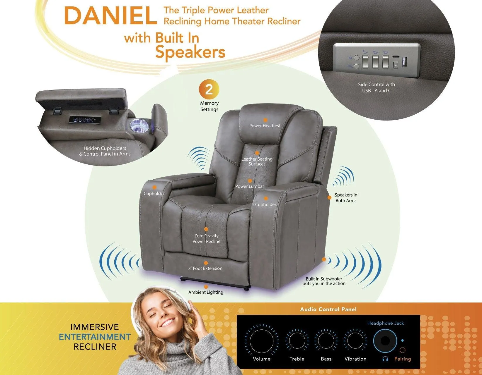 Daniel Triple Power Home Theater Leather Recliner with Built-in Speakers - Image 16