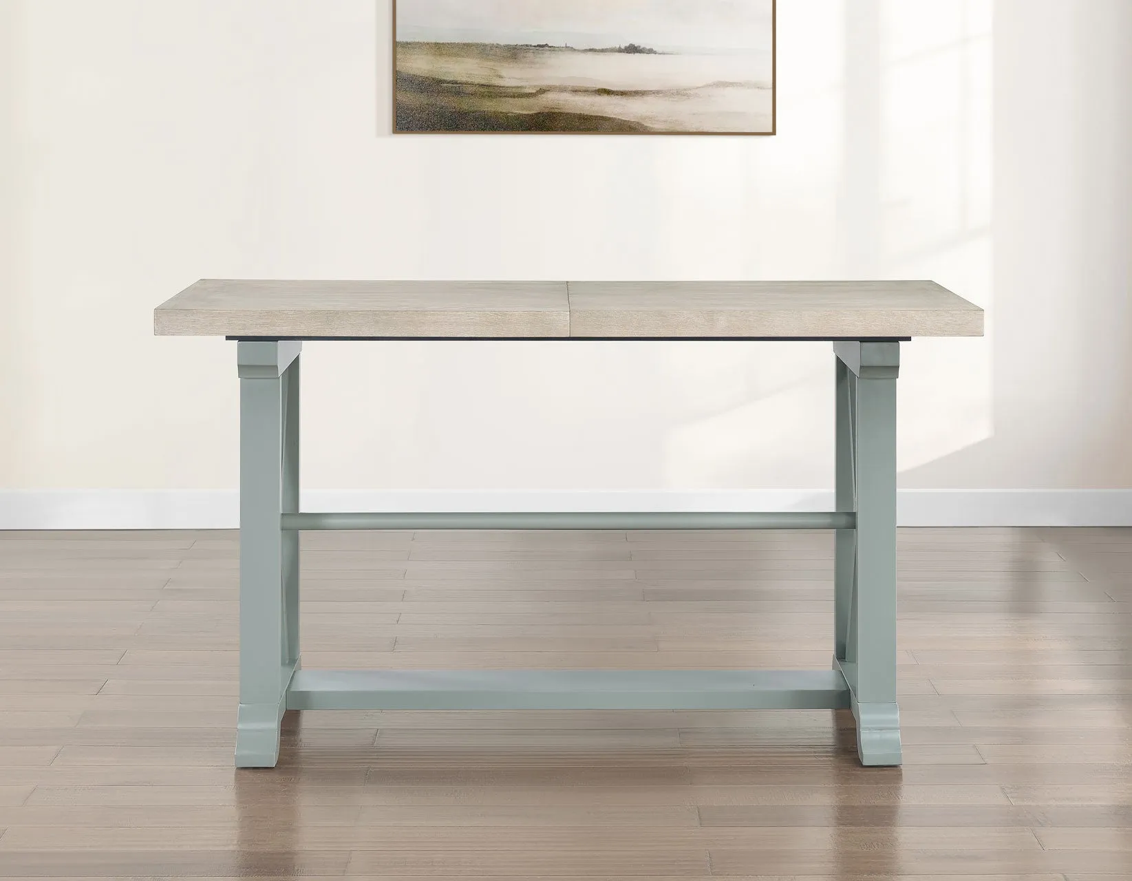 Darcy 64-82″Counter Table with 18-inch leaf, Mint Green and Natural Finish - Image 9