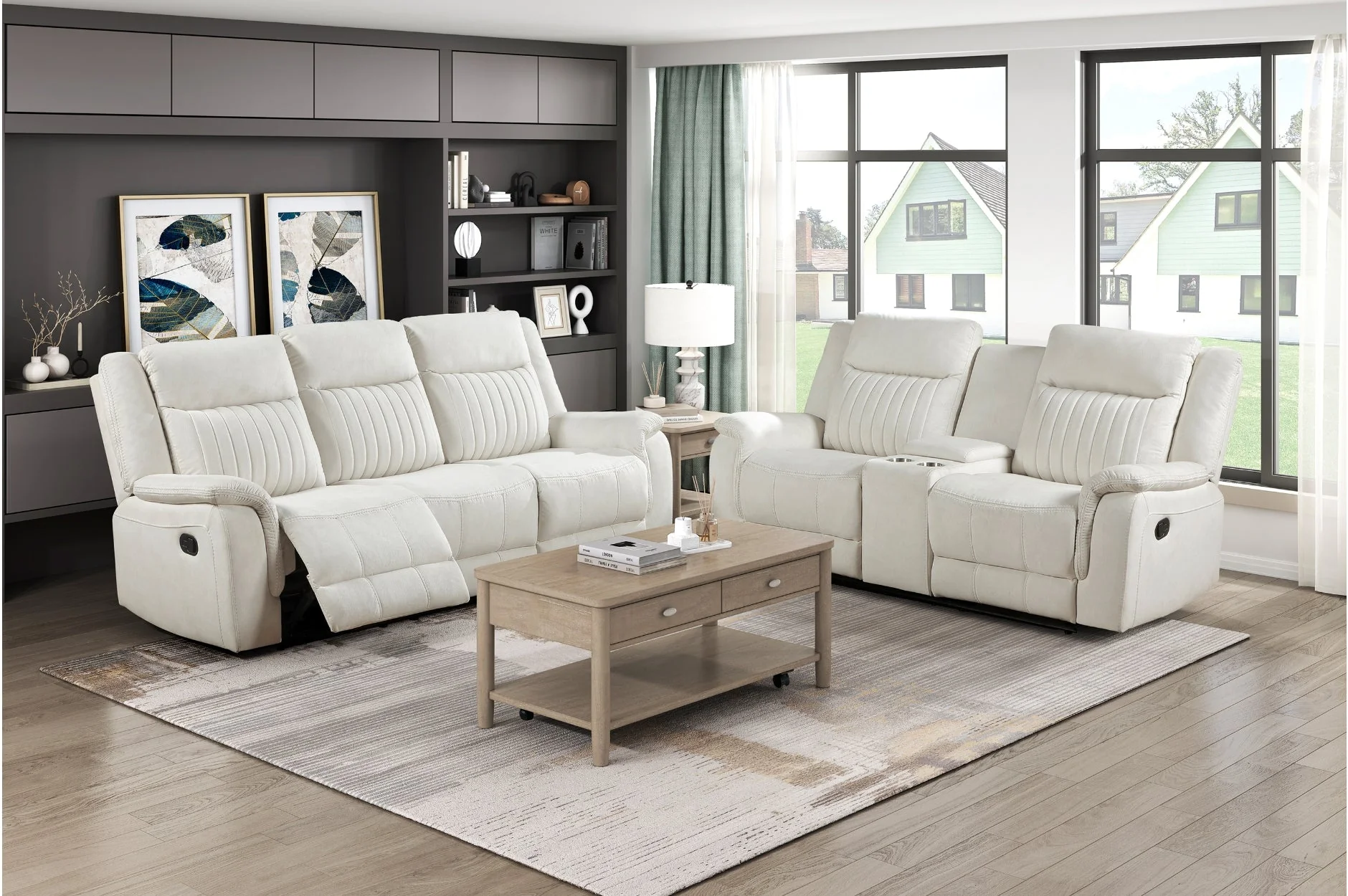 Dean Beige Double Reclining Sofa - Image 2