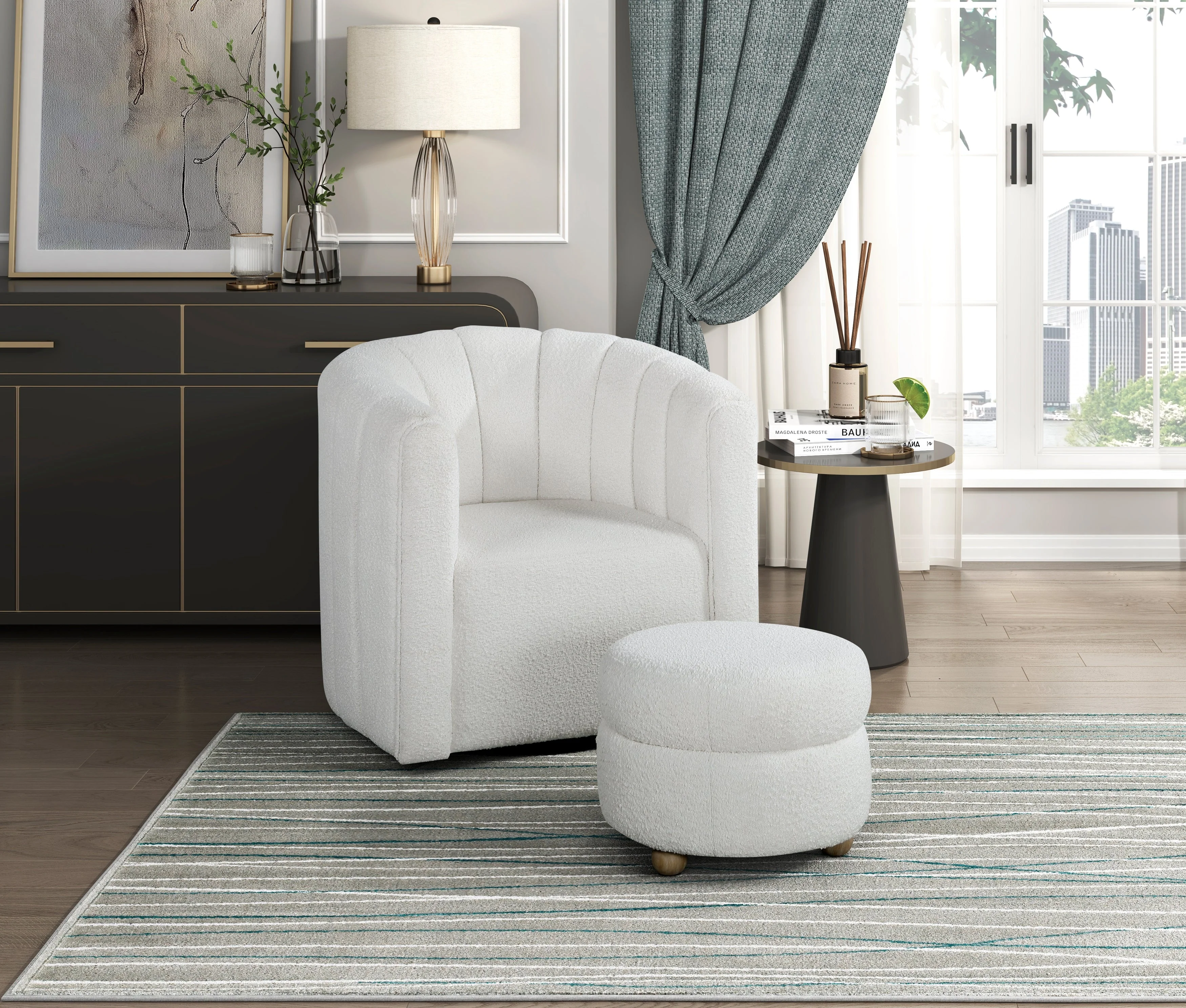 Delaney White Boucle Swivel Chair with Ottoman