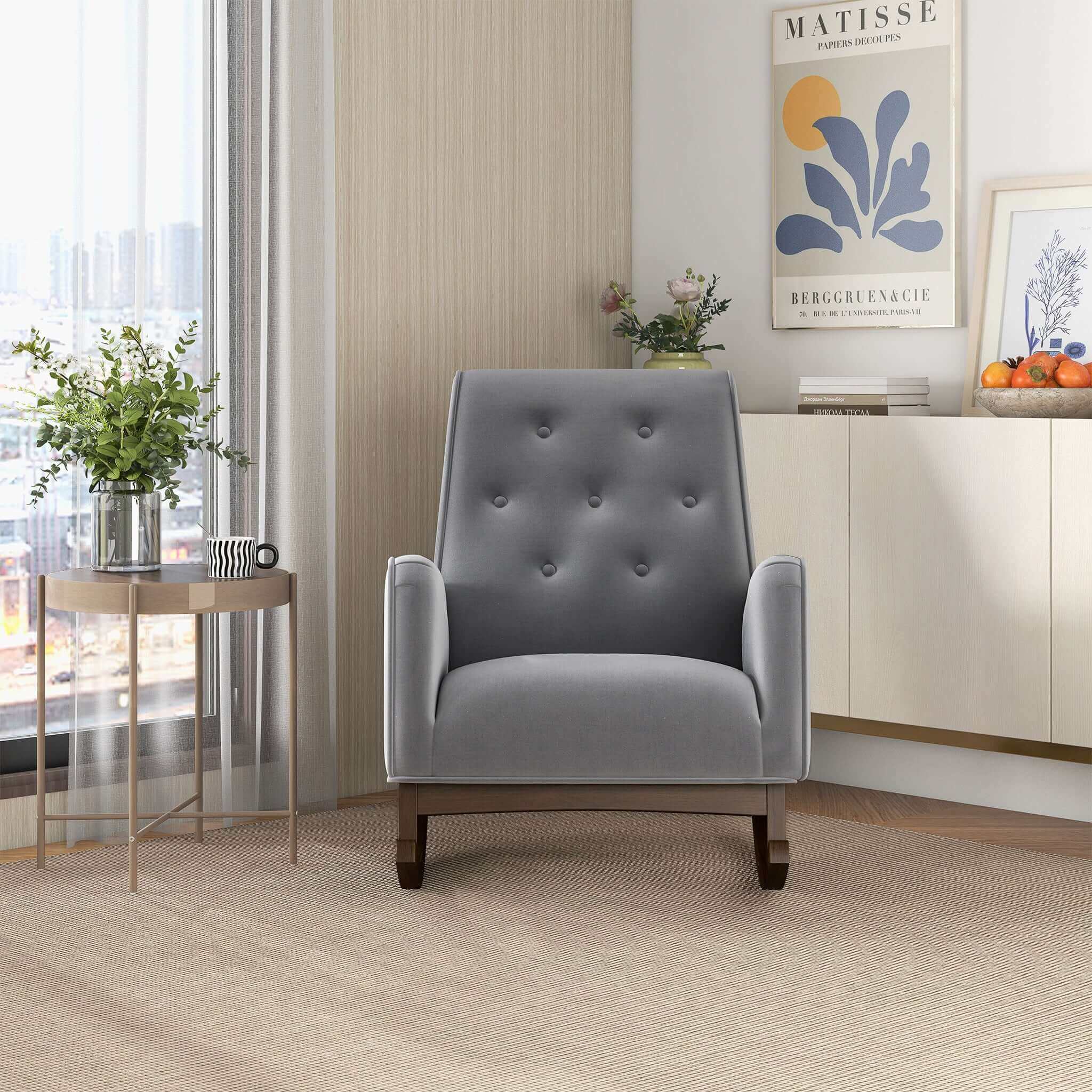Demetrius  Light Grey Fabric Solid Wood Rocking Chair - Image 8