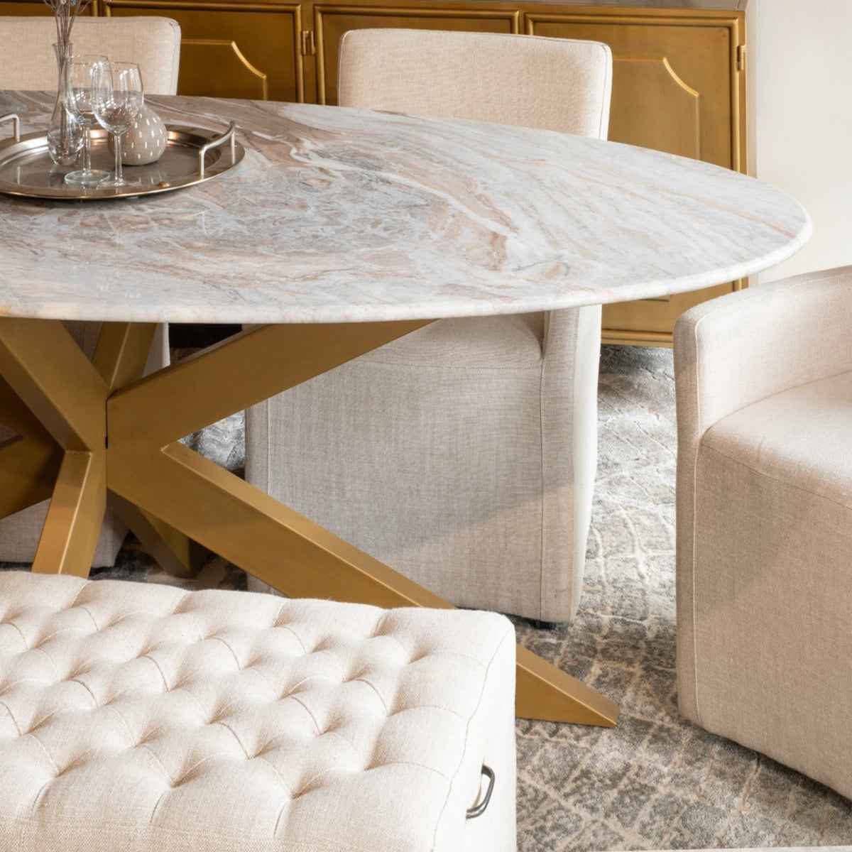 Malibu 90" Oval Dining Table in Sawar Marble with Antique Gold Base - Image 10