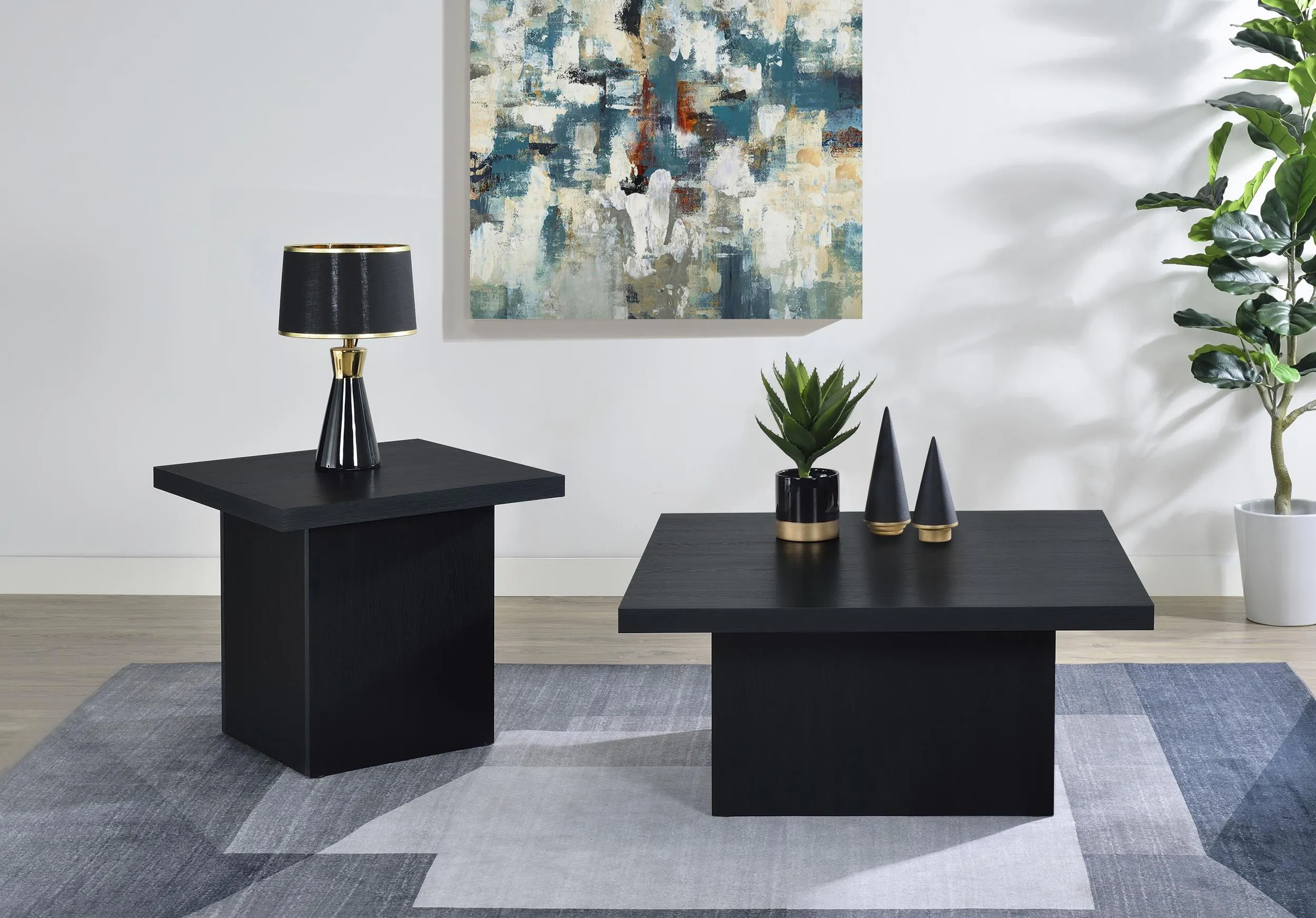 Devar Black 2-Piece Square Cocktail Coffee End Table Set