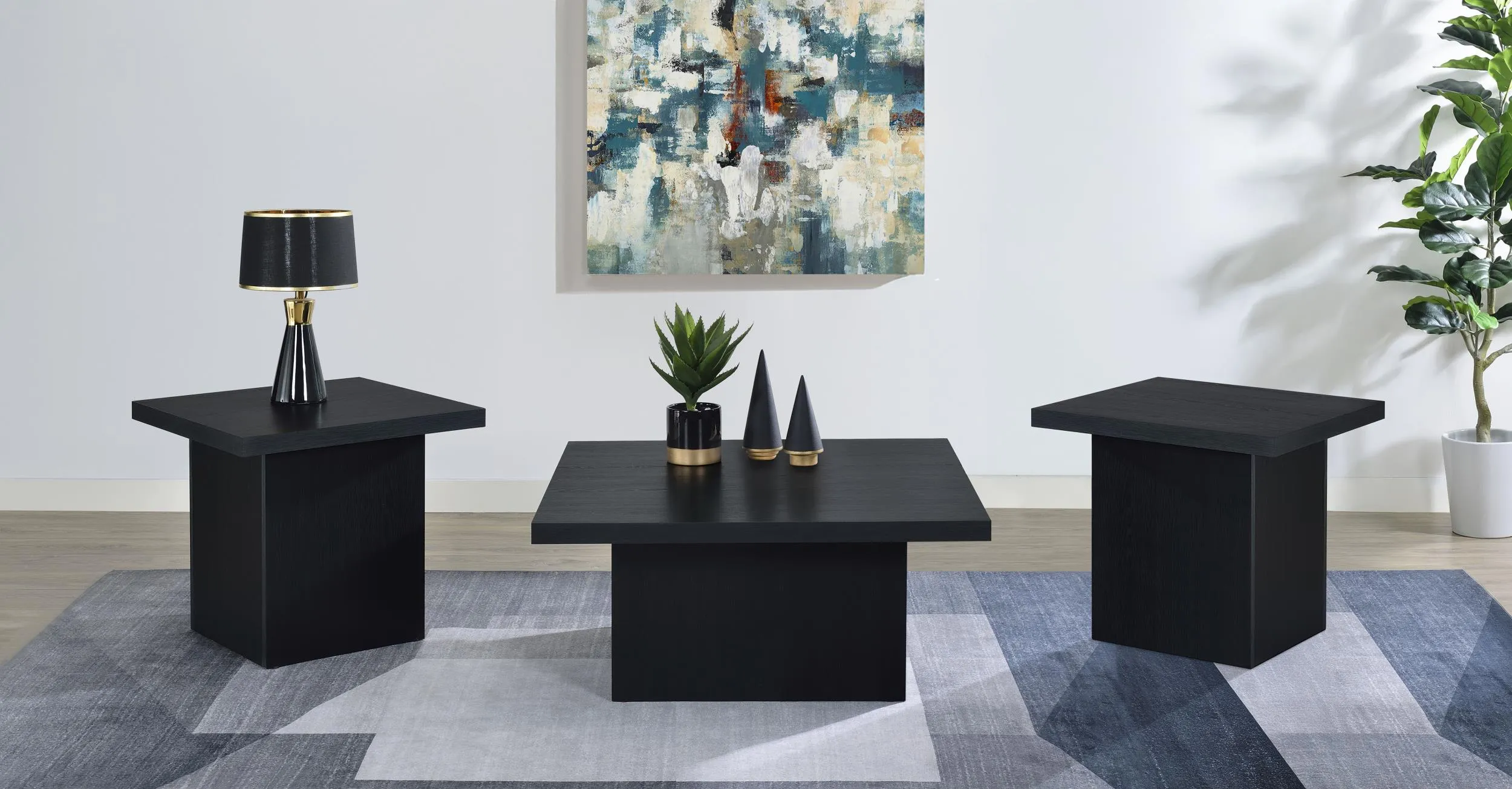 Devar Black 3-Piece Square Cocktail Coffee End Table Set