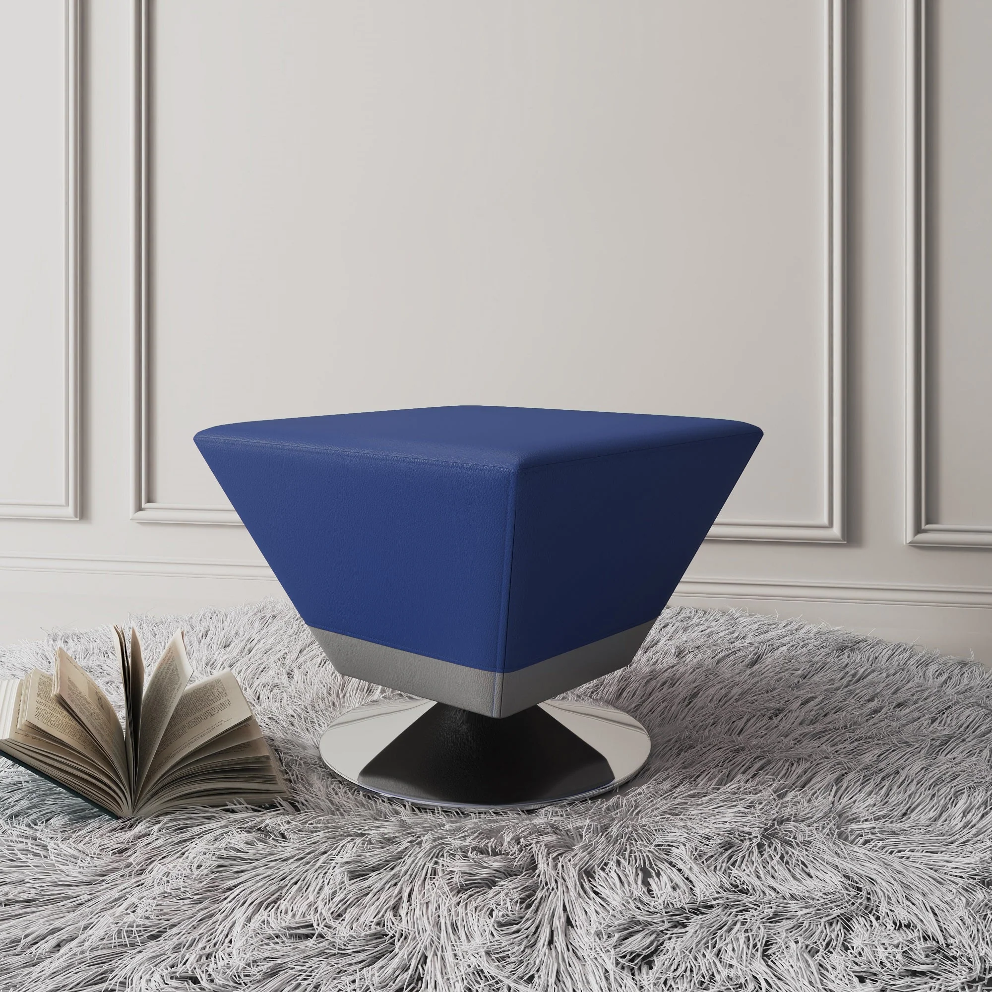Diamond Swivel Ottoman in Blue and Polished Chrome - Image 2