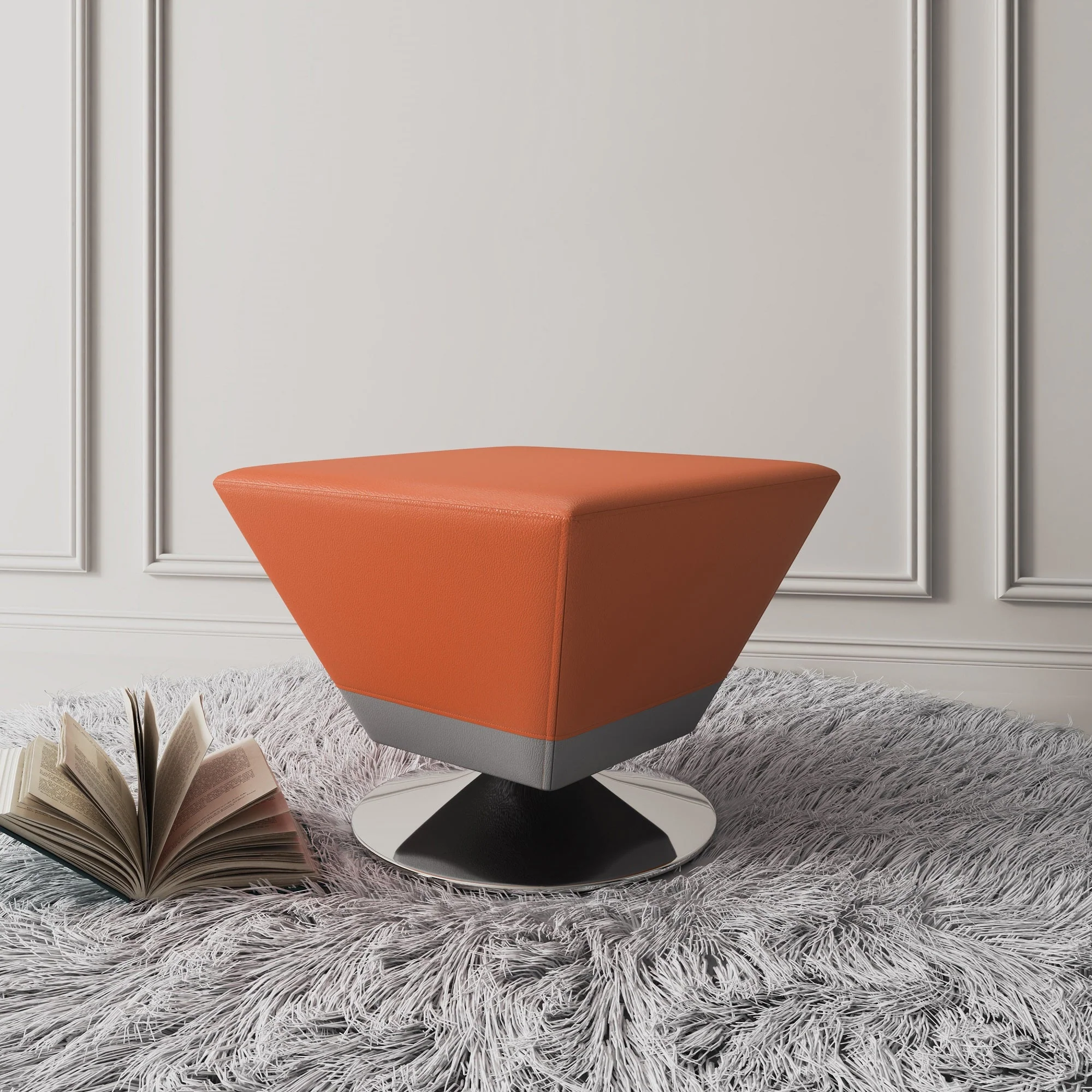 Diamond Swivel Ottoman in Orange and Polished Chrome - Image 2