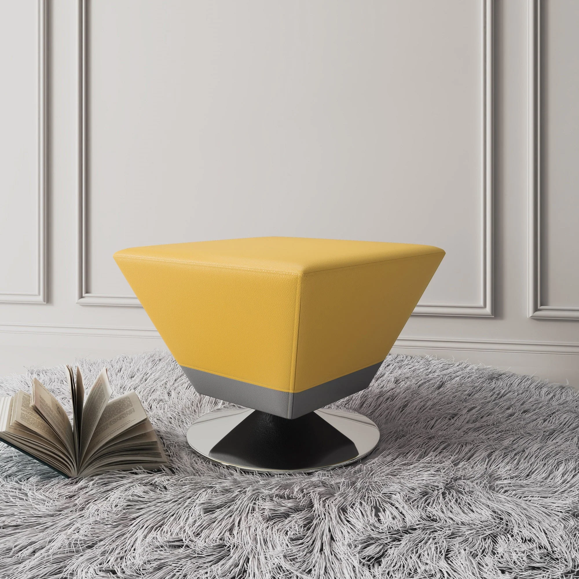 Diamond Swivel Ottoman in Yellow and Polished Chrome - Image 4