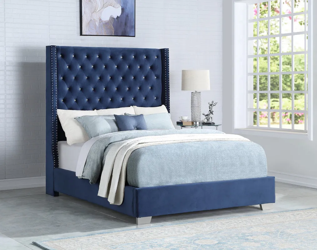 Diamond Tufted Blue Velvet 6 FT King Bed