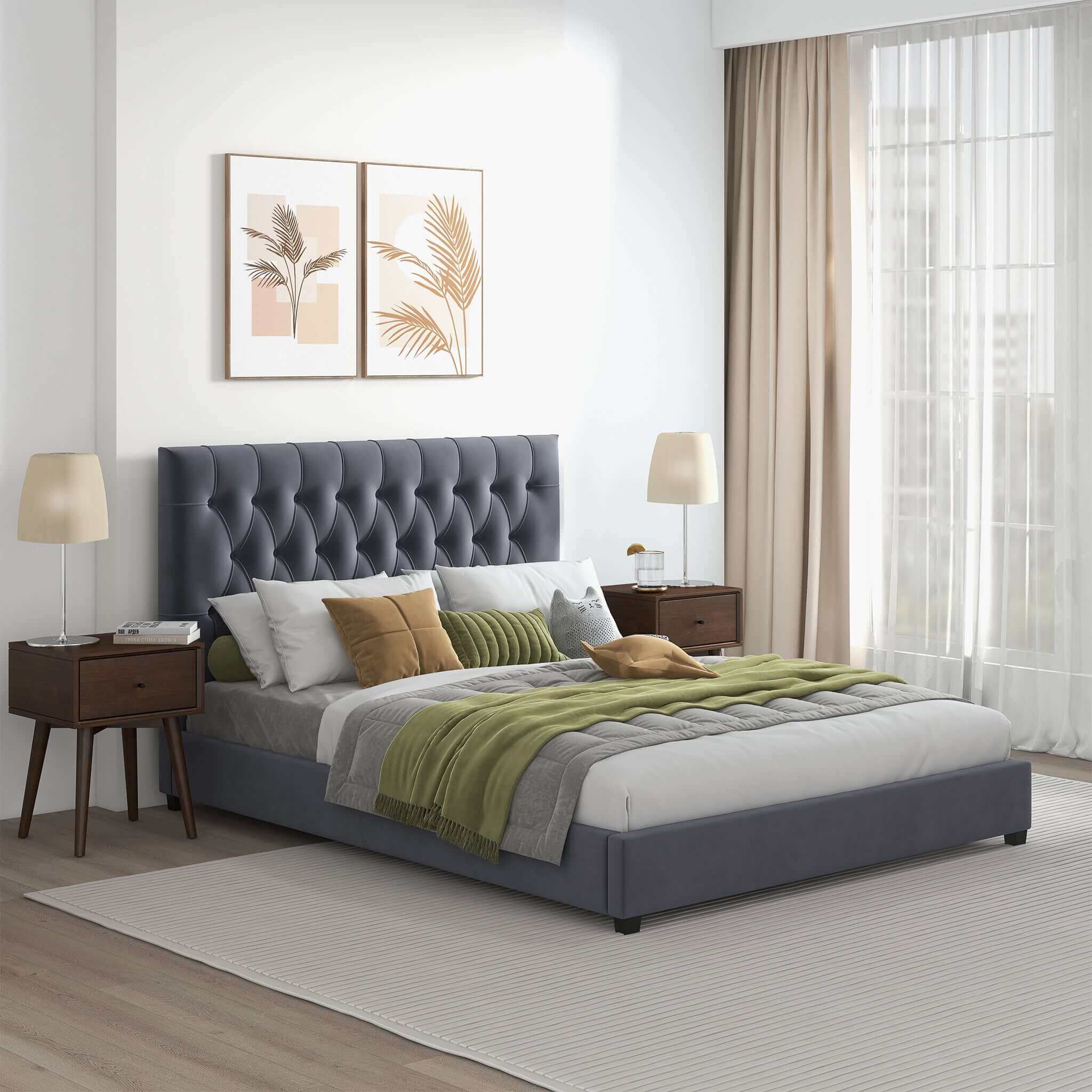 Donald Mid Century Modern Grey Velvet Platform Bed King - Image 3