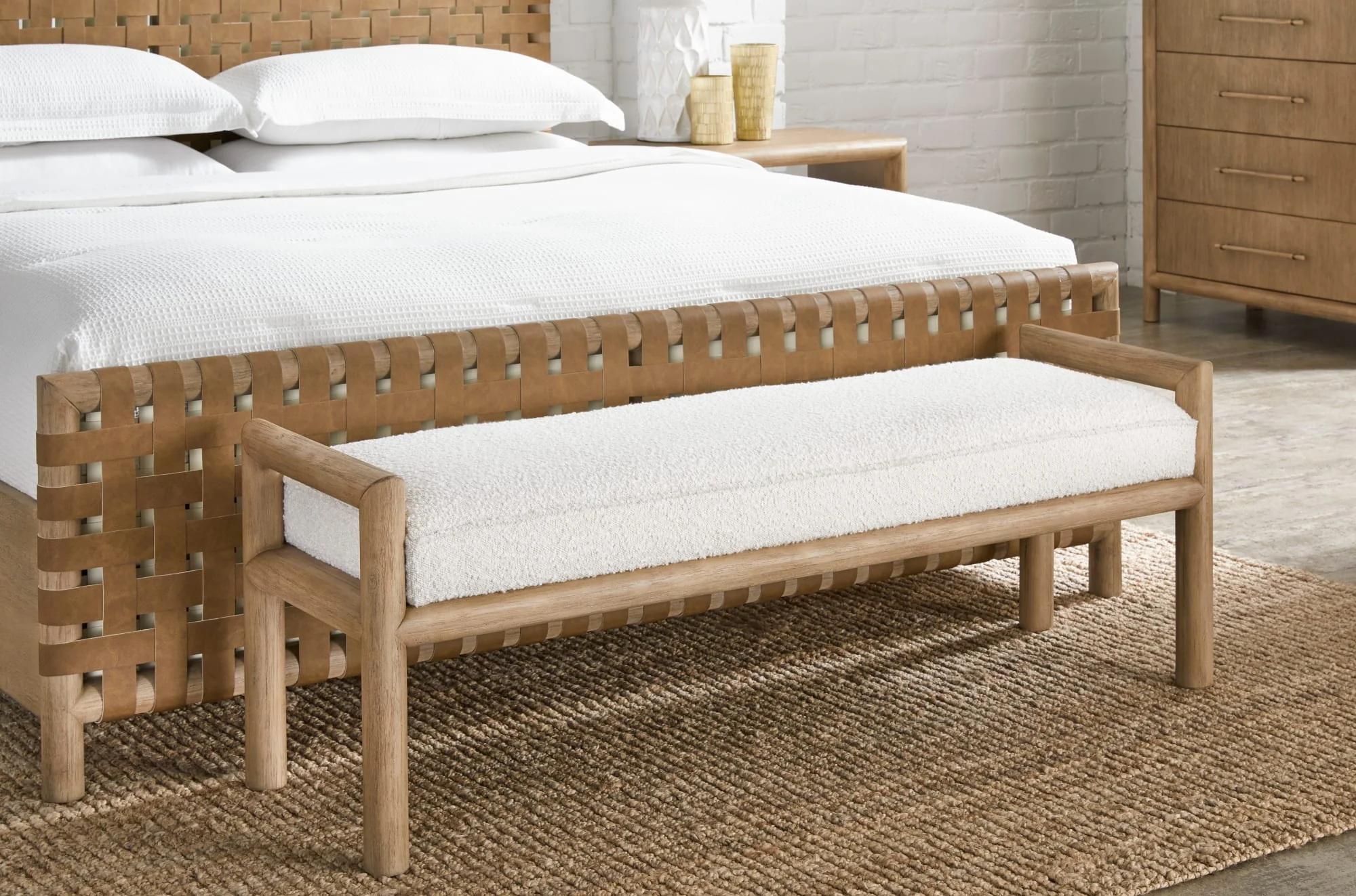 Dorsey Granola/Ricotta Boucle Upholstered Wooden Bench - Image 2