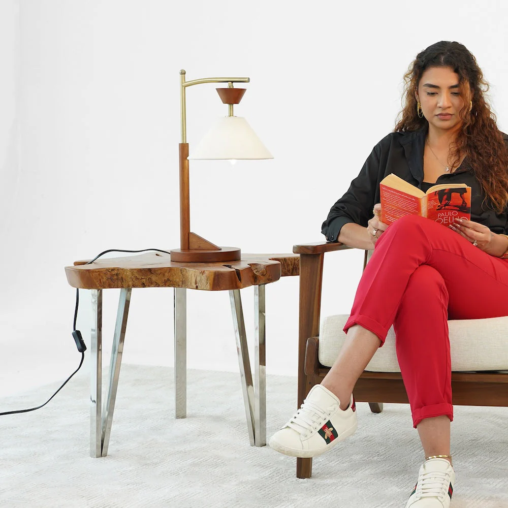 Dreamlight Table Lamp, Brown Solid Wood Base with Elegant Cone Linen Shade - Image 3