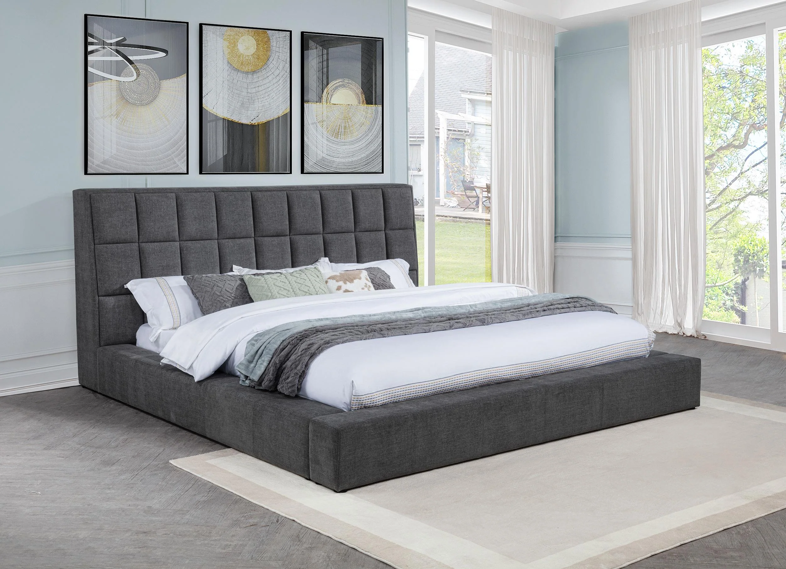 Dreux Gray Upholstered California King Panel Platform Bed