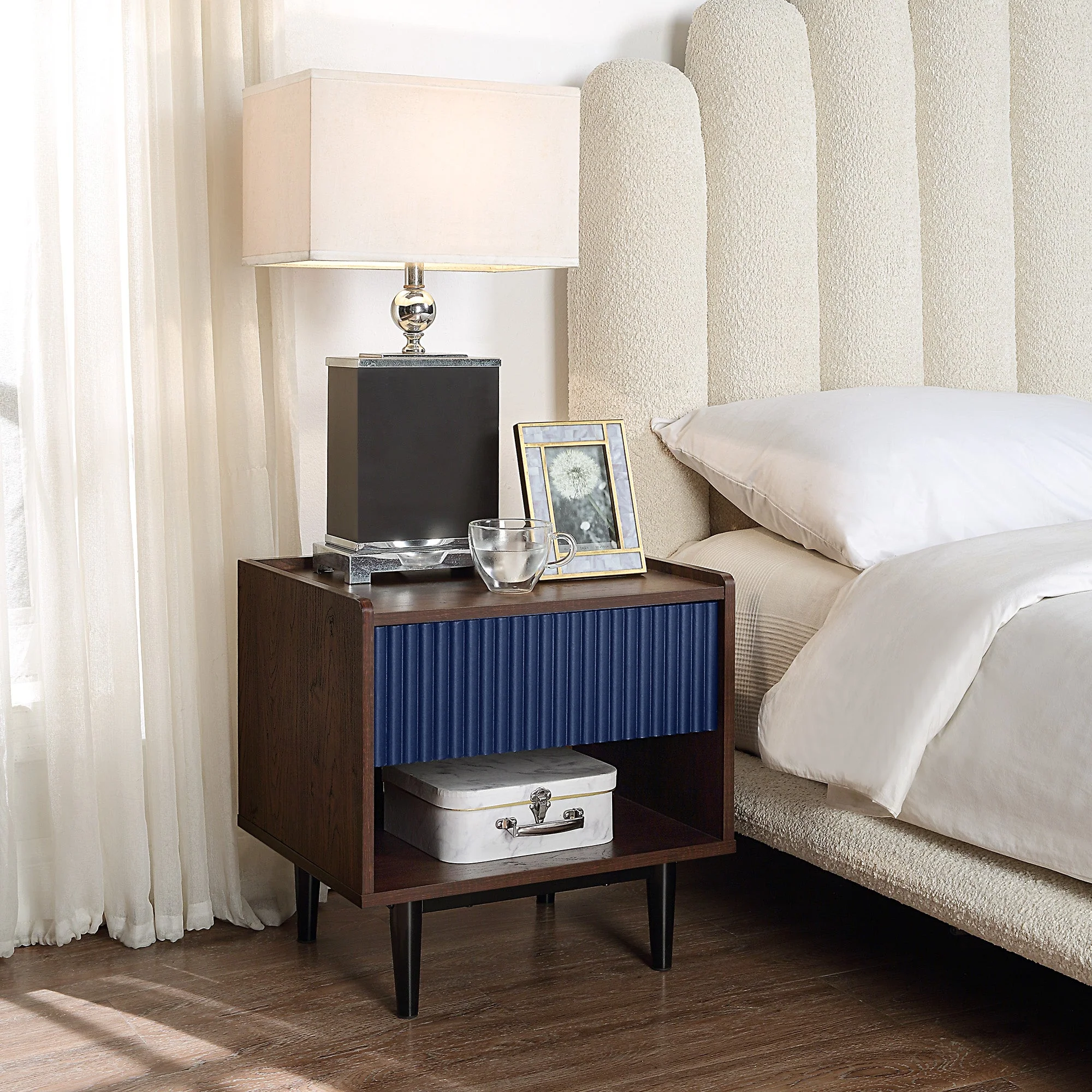 Duane Nightstand in Dark Brown and Navy Blue - Image 2