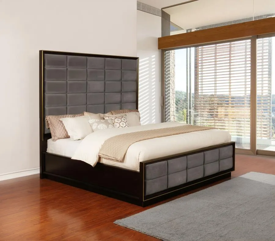 Durango Gray and Smoked Peppercorn Upholstered Eastern King Bed