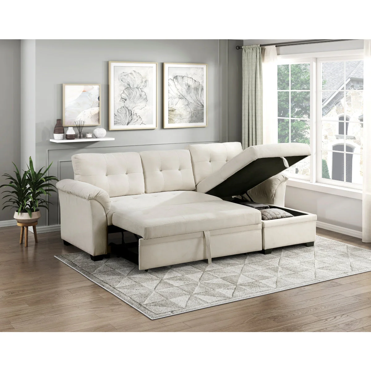 Elara Beige 2-Piece Reversible Sectional with Hidden Storage and Pull-out Bed - Image 10