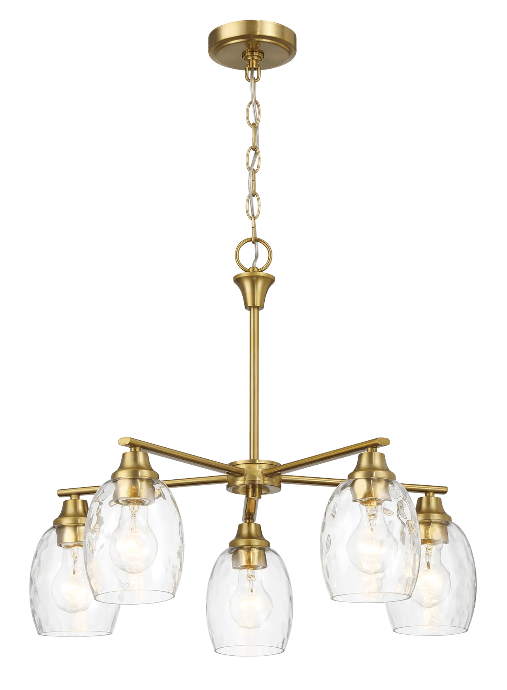 Elegance Five Lights Linear Arms with Golden Brass Finish Chain Chandelier 24"W × 8.5"H with Clear Water Glass - Image 3