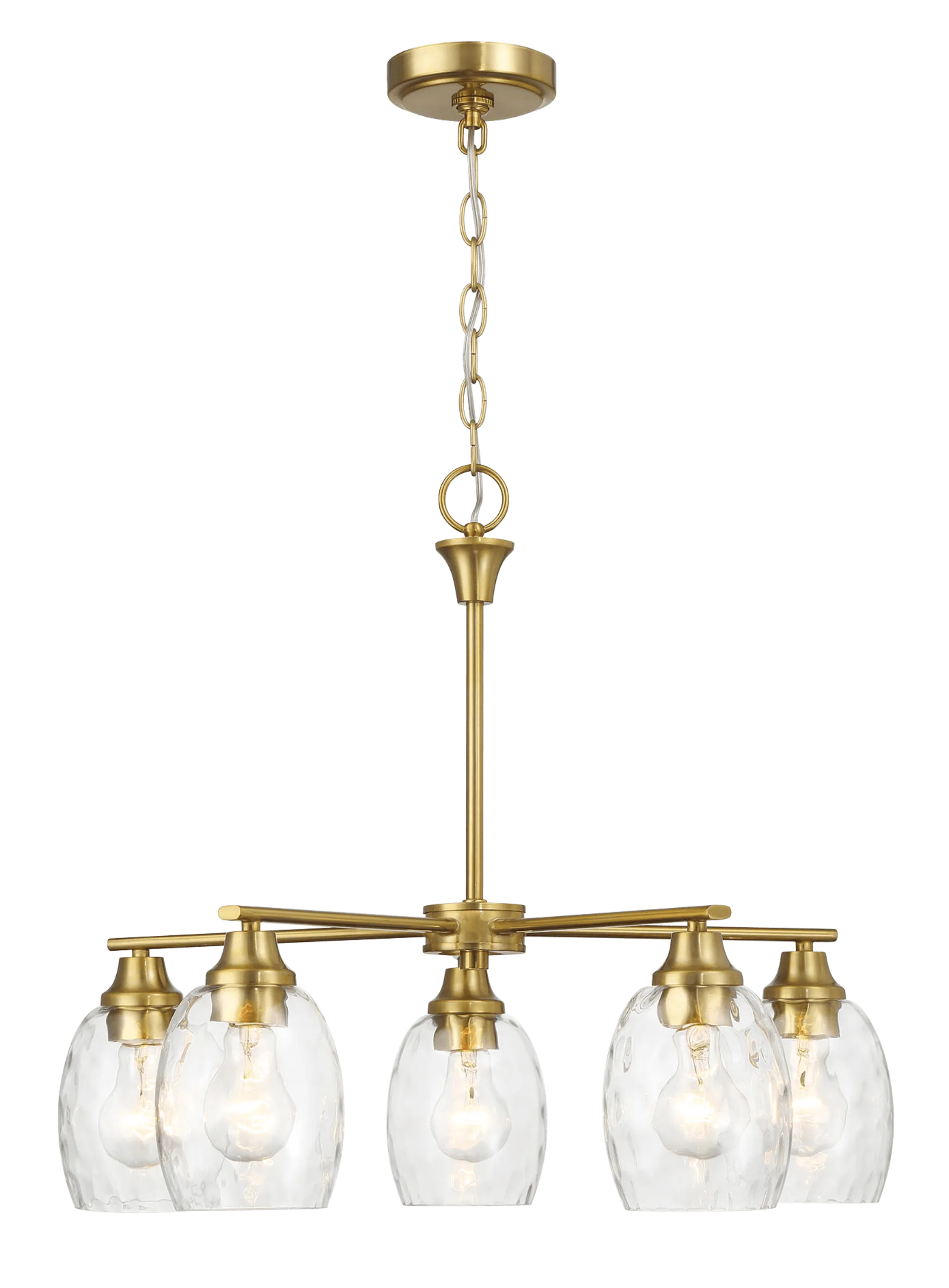 Elegance Five Lights Linear Arms with Golden Brass Finish Chain Chandelier 24"W × 8.5"H with Clear Water Glass - Image 4