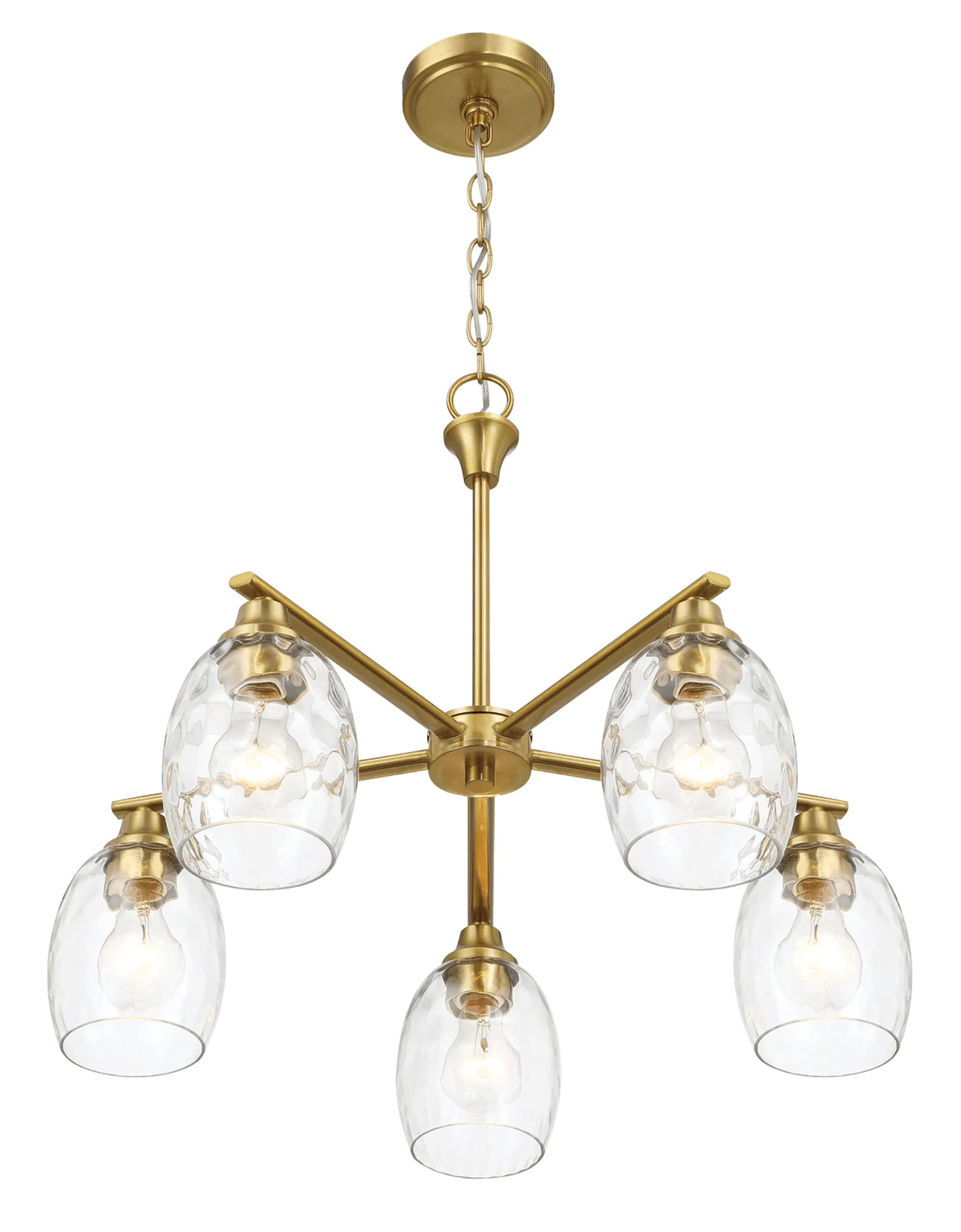 Elegance Five Lights Linear Arms with Golden Brass Finish Chain Chandelier 24"W × 8.5"H with Clear Water Glass - Image 5