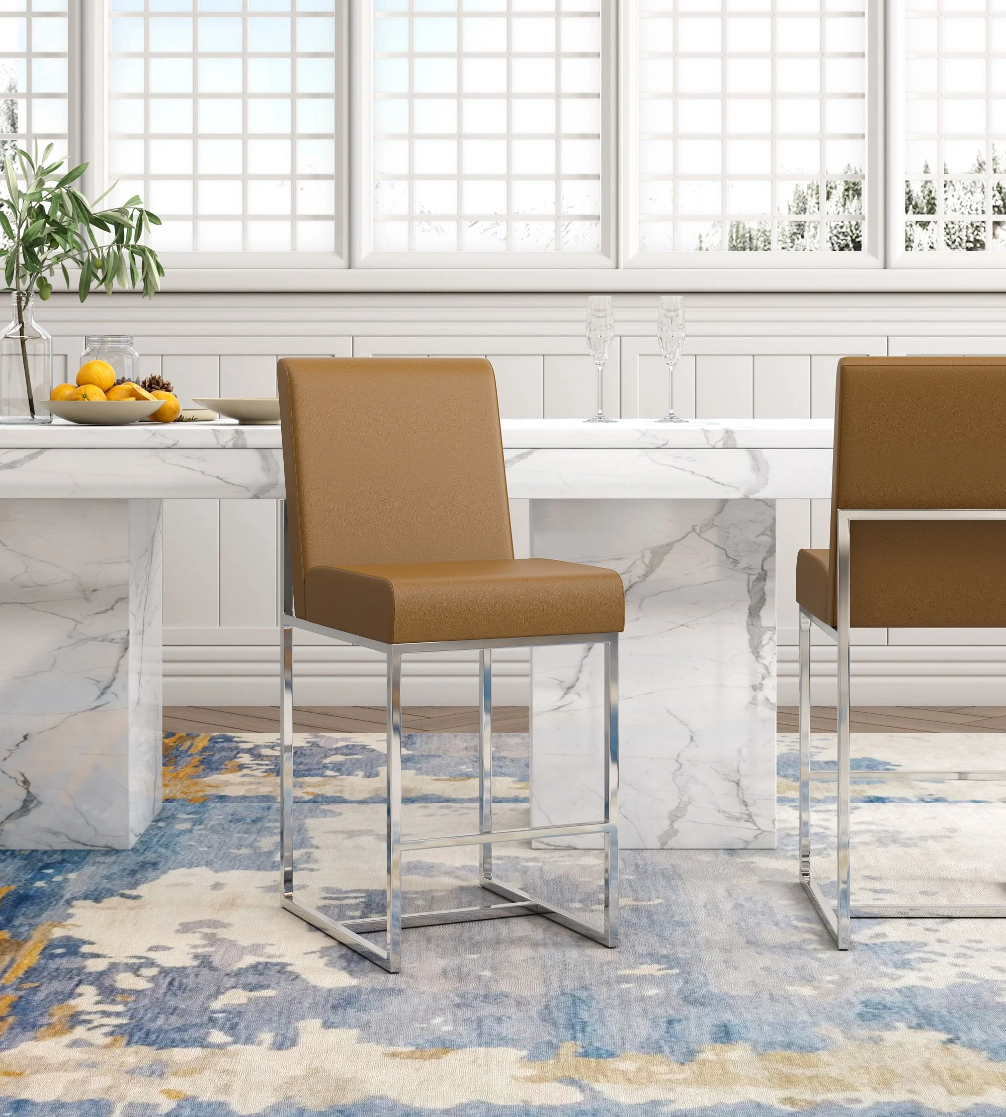 Element Faux Leather Counter Stool in Camel and Polished Chrome (set of 2) - Image 2