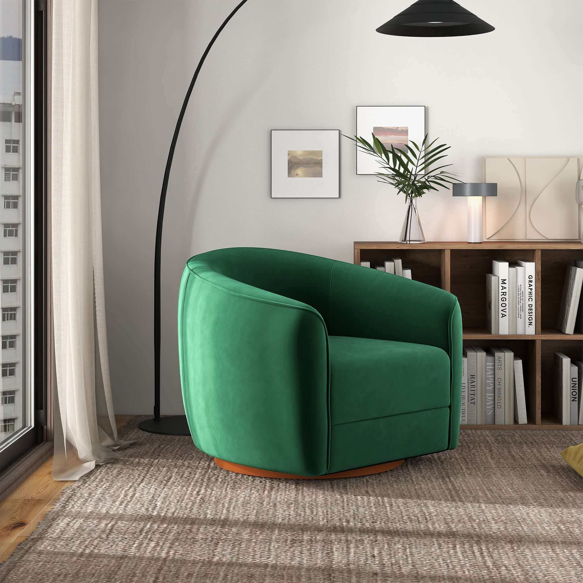 Elise Mid Century Modern Dark Green Velvet Swivel Chair - Image 3