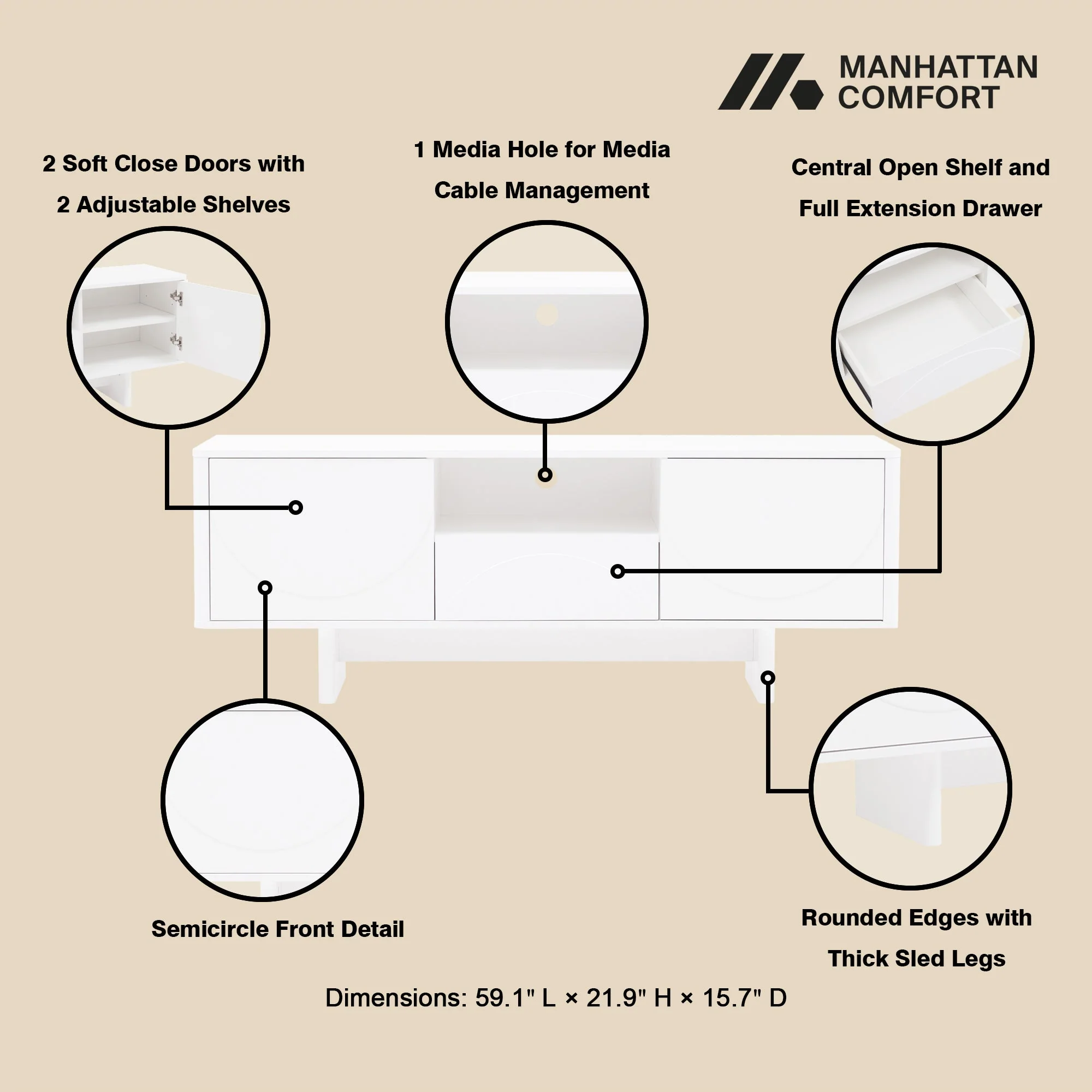 Ella 59" TV Stand in White - Image 4