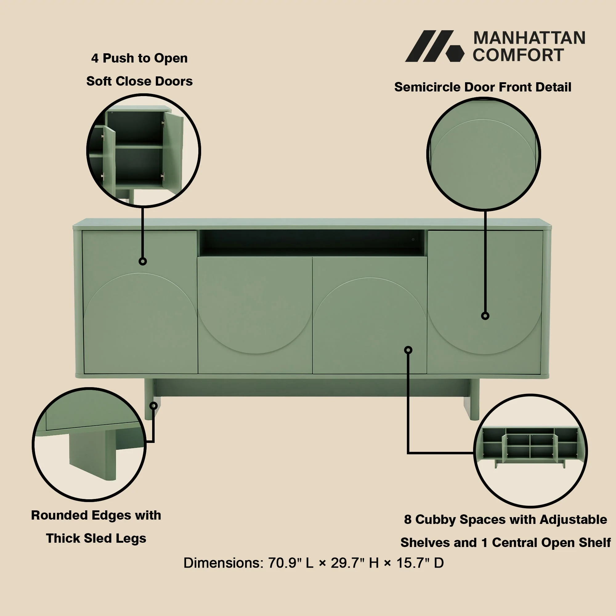Ella 70.86" Sideboard in Sage Green - Image 4