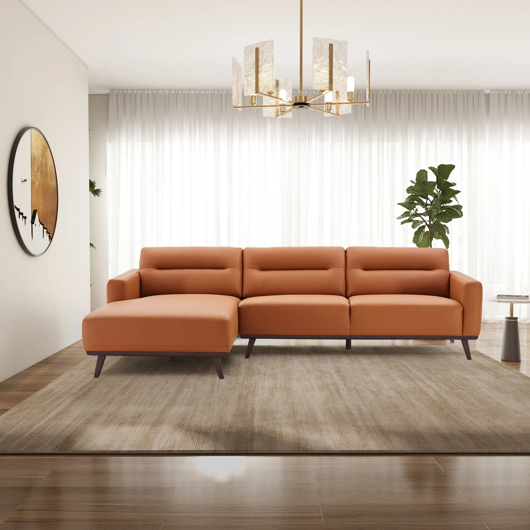 Ella L-Shaped Cognac PU Leather Left Sectional Couch - Image 2