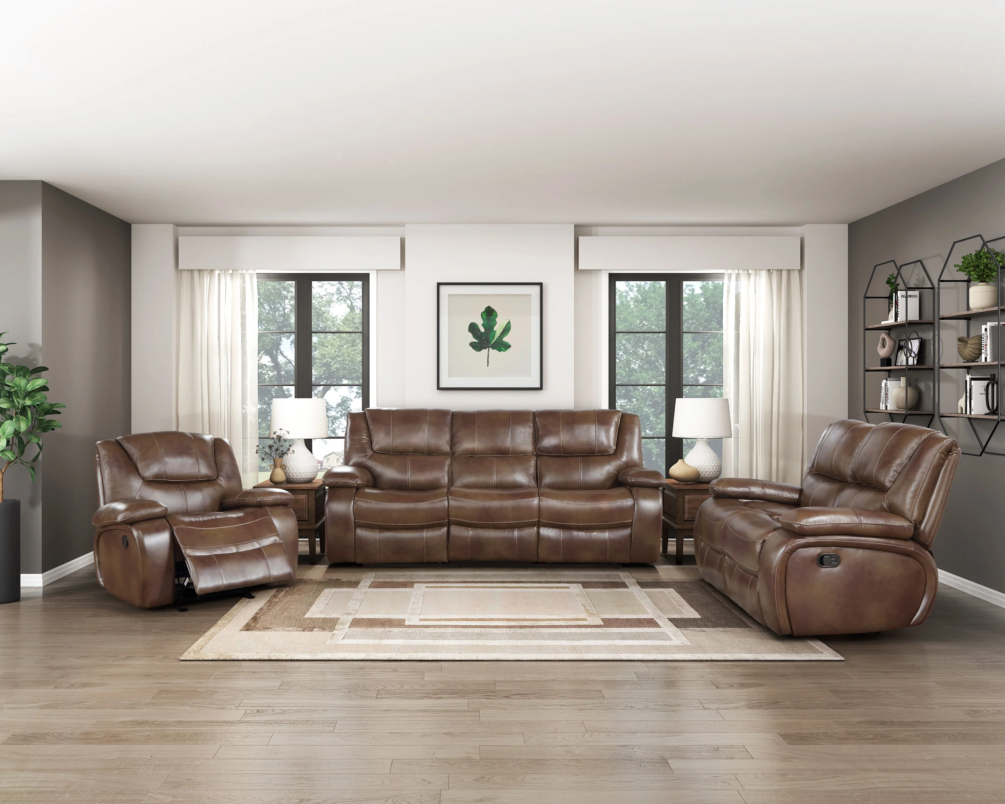 Ellicott Brown Leather Double Reclining Living Room Set