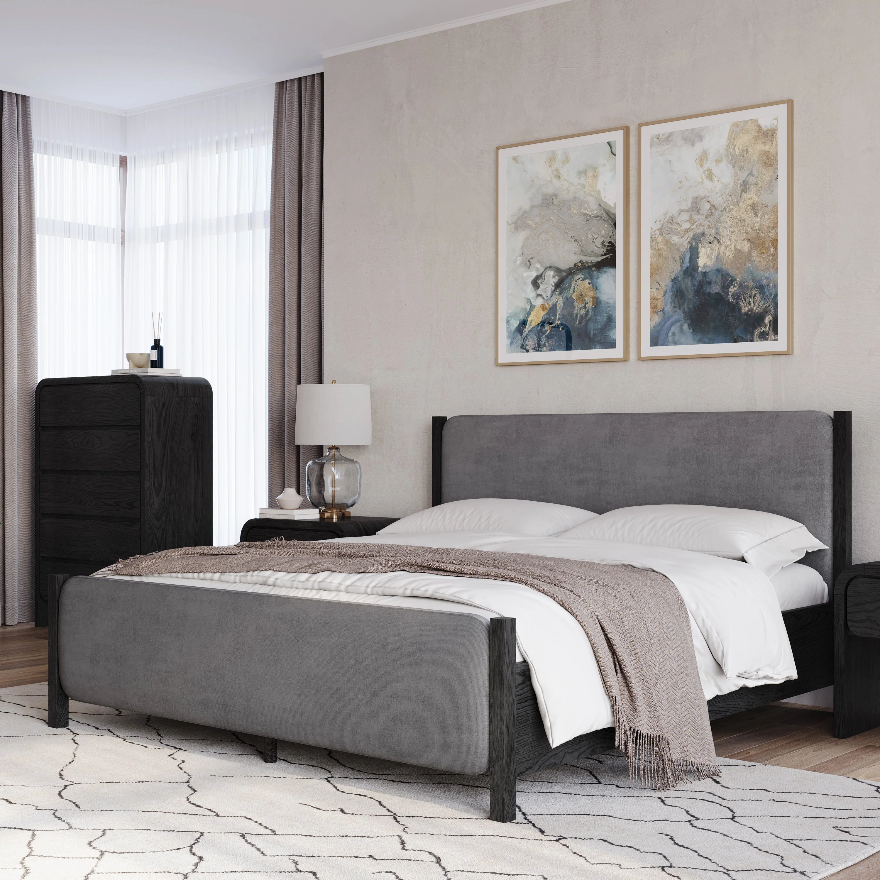 Elora Wood and Velvet Eastern King Upholstered Bed in Jet and Charcoal - Image 2