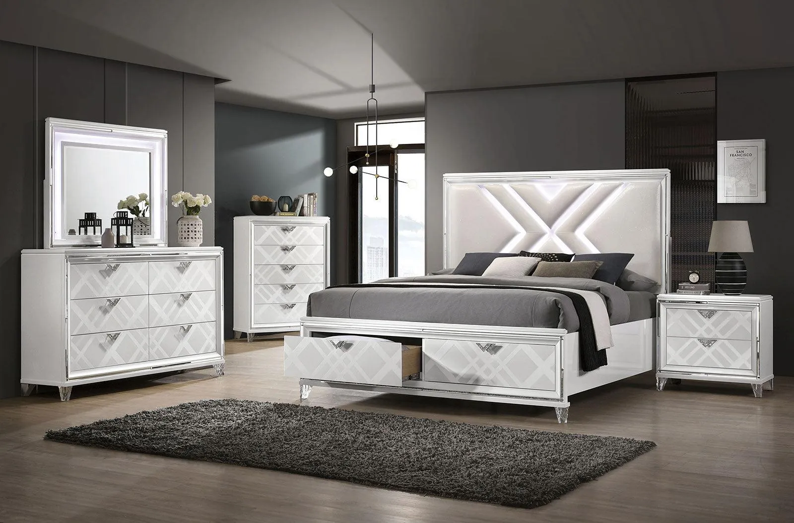 Emmeline White LED King Storage Platform Bed - Image 2