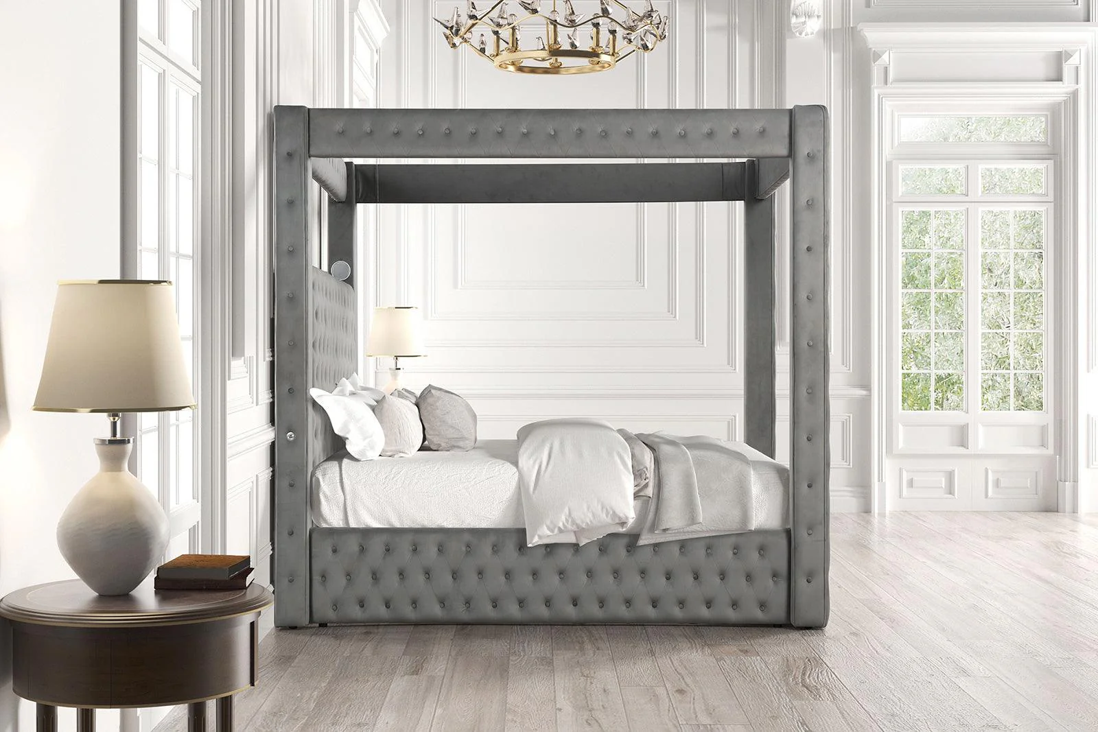 Etherea Gray Queen Upholstered Platform Poster Bed - Image 3