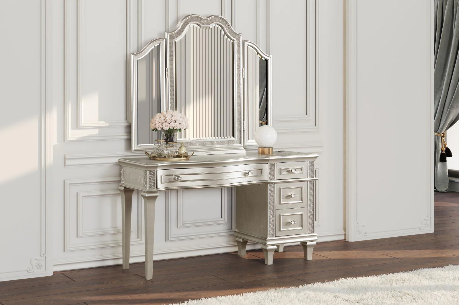 Evangeline Silver and Ivory 4-drawer Vanity Table with Faux Diamond Trim - Image 9