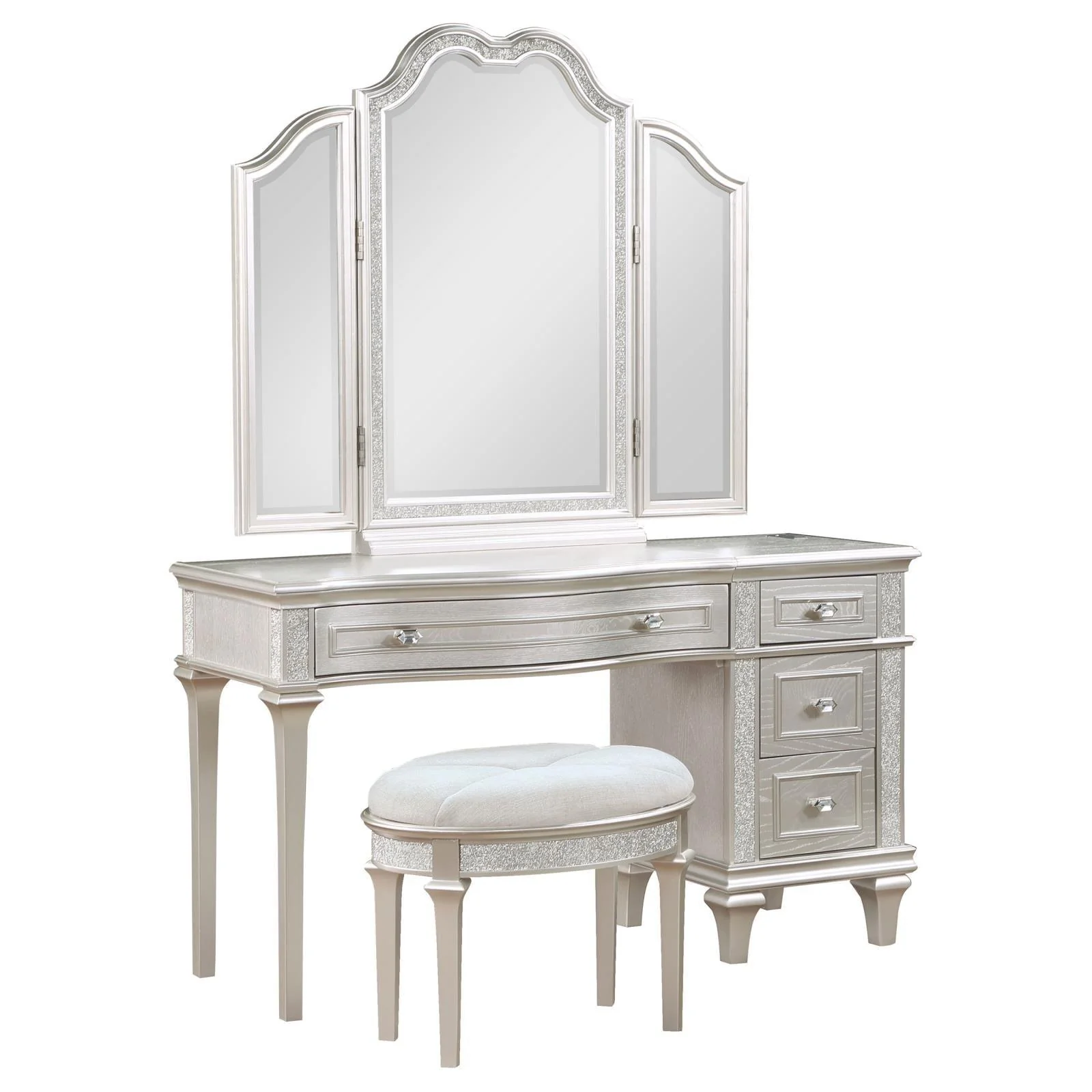 Evangeline Silver Oak 3-piece Vanity Table Set with Tri-Fold Mirror and Stool - Image 17