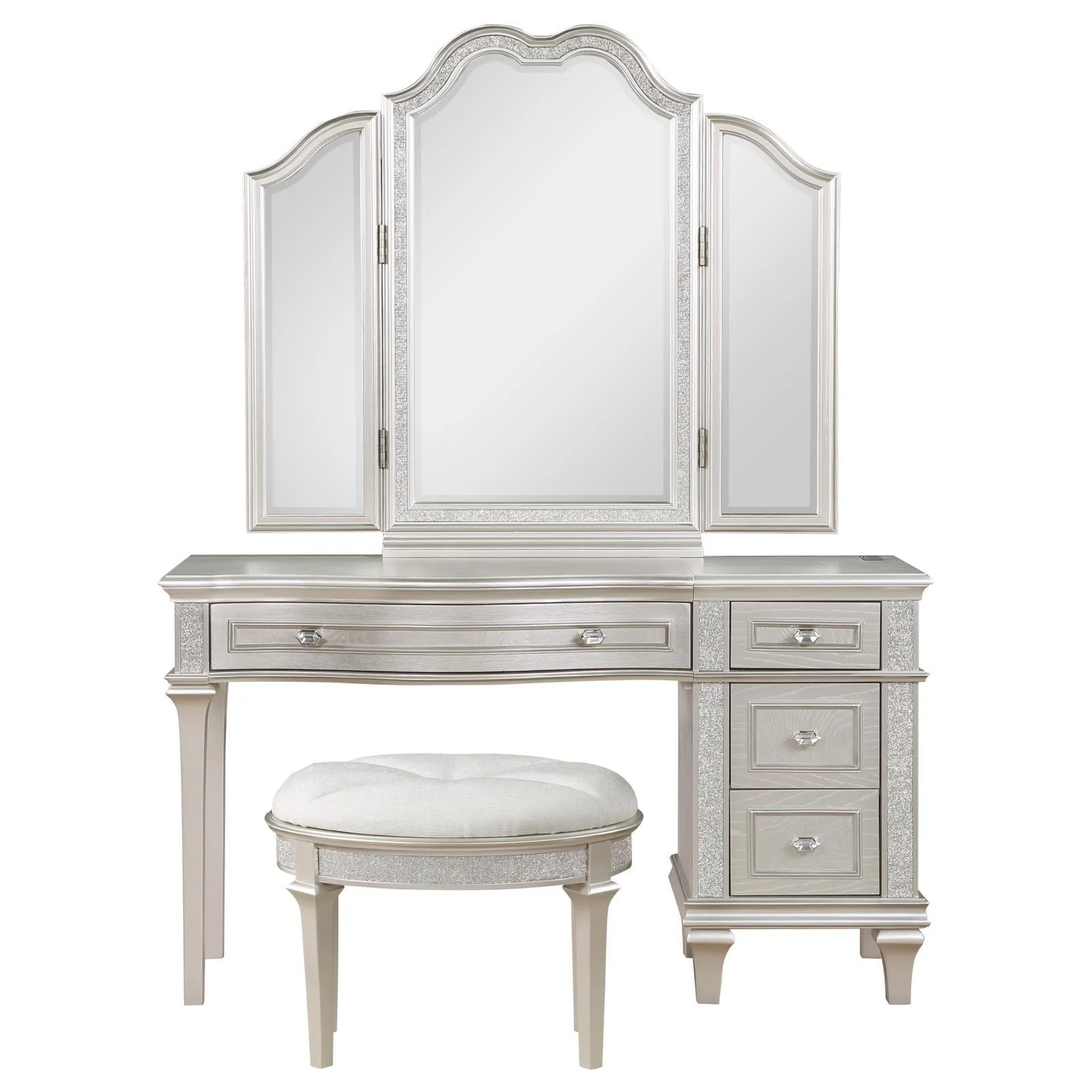 Evangeline Silver Oak 3-piece Vanity Table Set with Tri-Fold Mirror and Stool - Image 2
