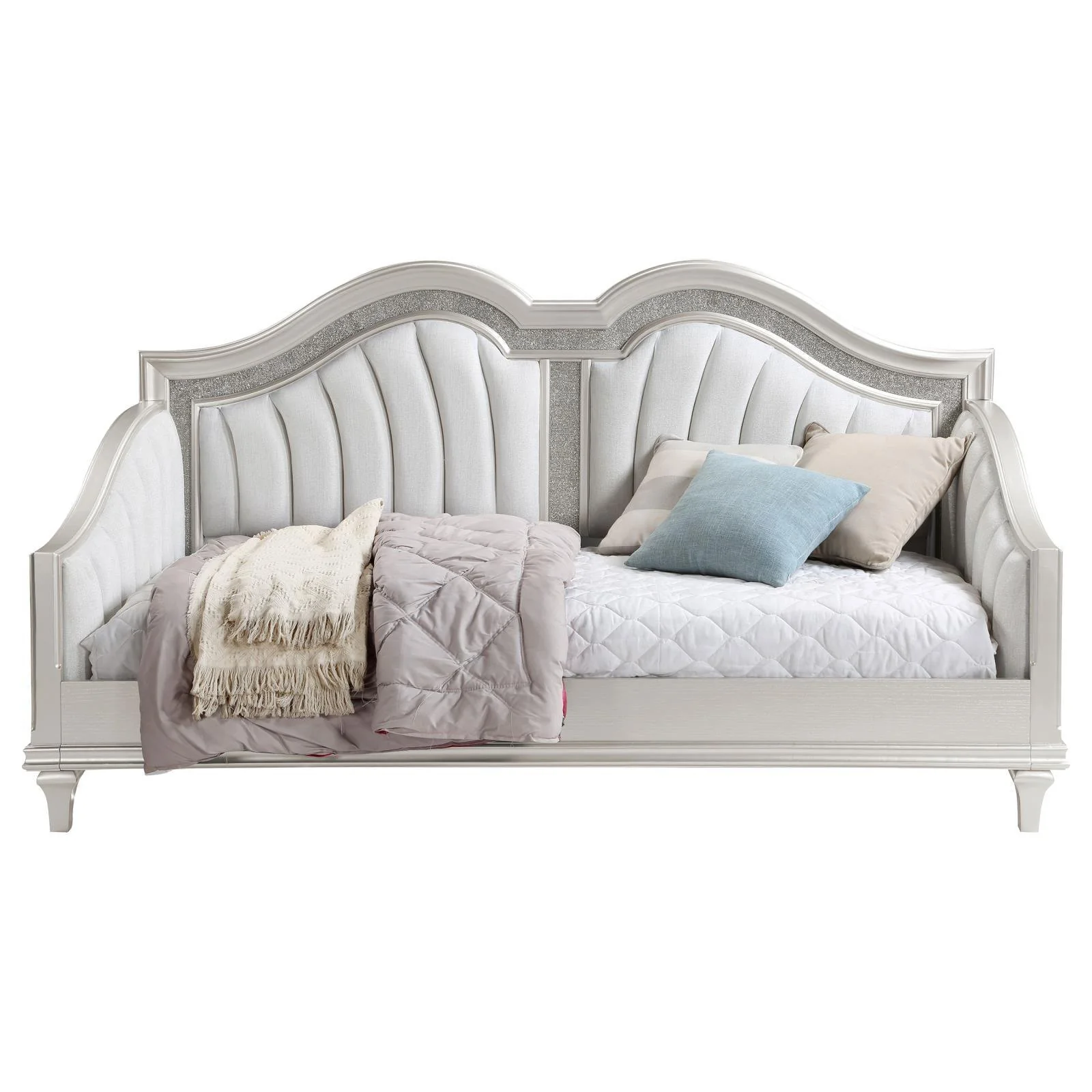 Evangeline Upholstered Twin Daybed with Faux Diamond Trim Silver and Ivory - Image 5