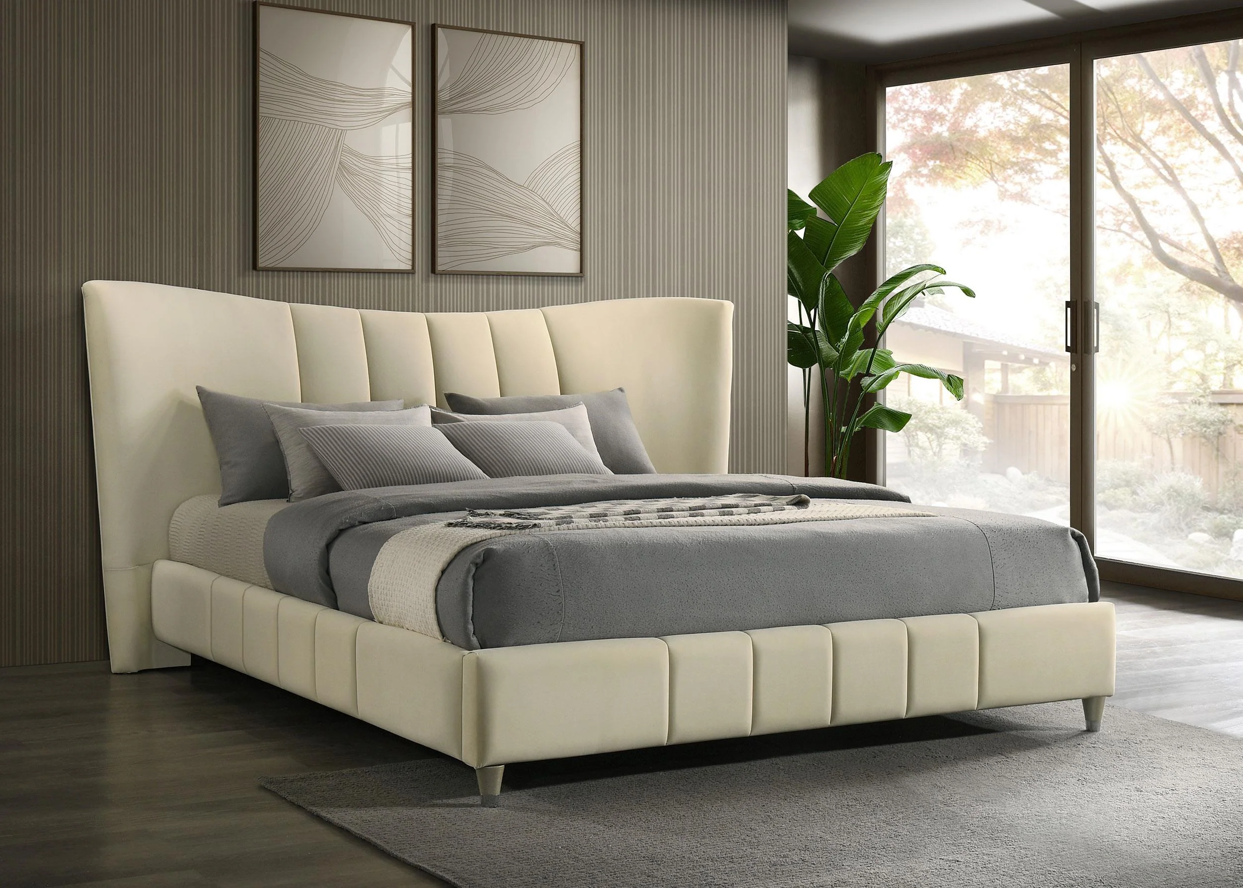 Evelyn Ivory Upholstered Eastern King Panel Platform Bed