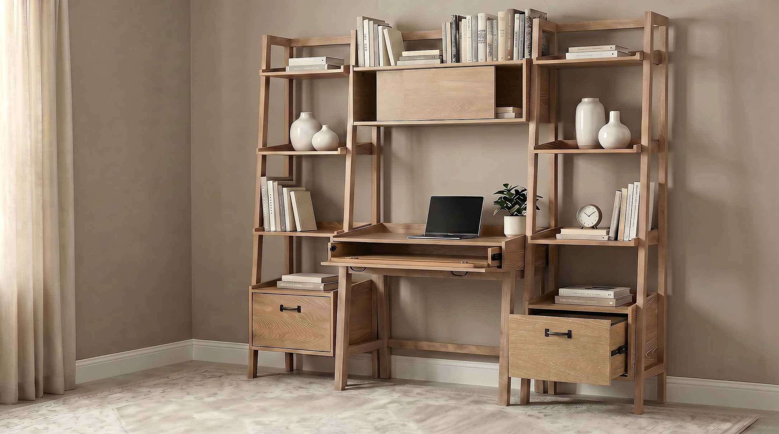 Fabian Distressed Light Brown Bookshelf Bridge with Cubbies - Image 10