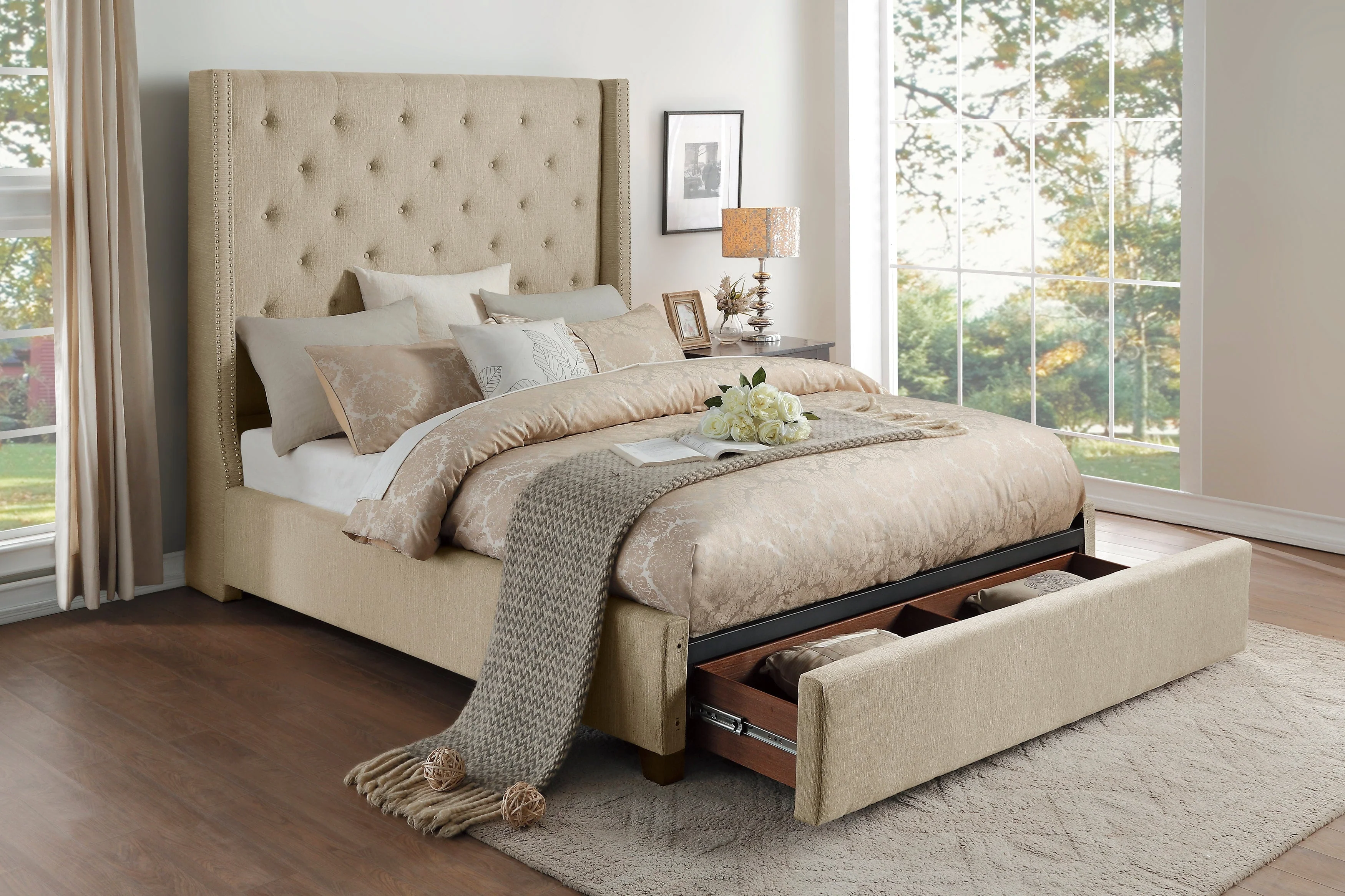 Fairborn Beige California King Upholstered Storage Platform Bed - Image 6