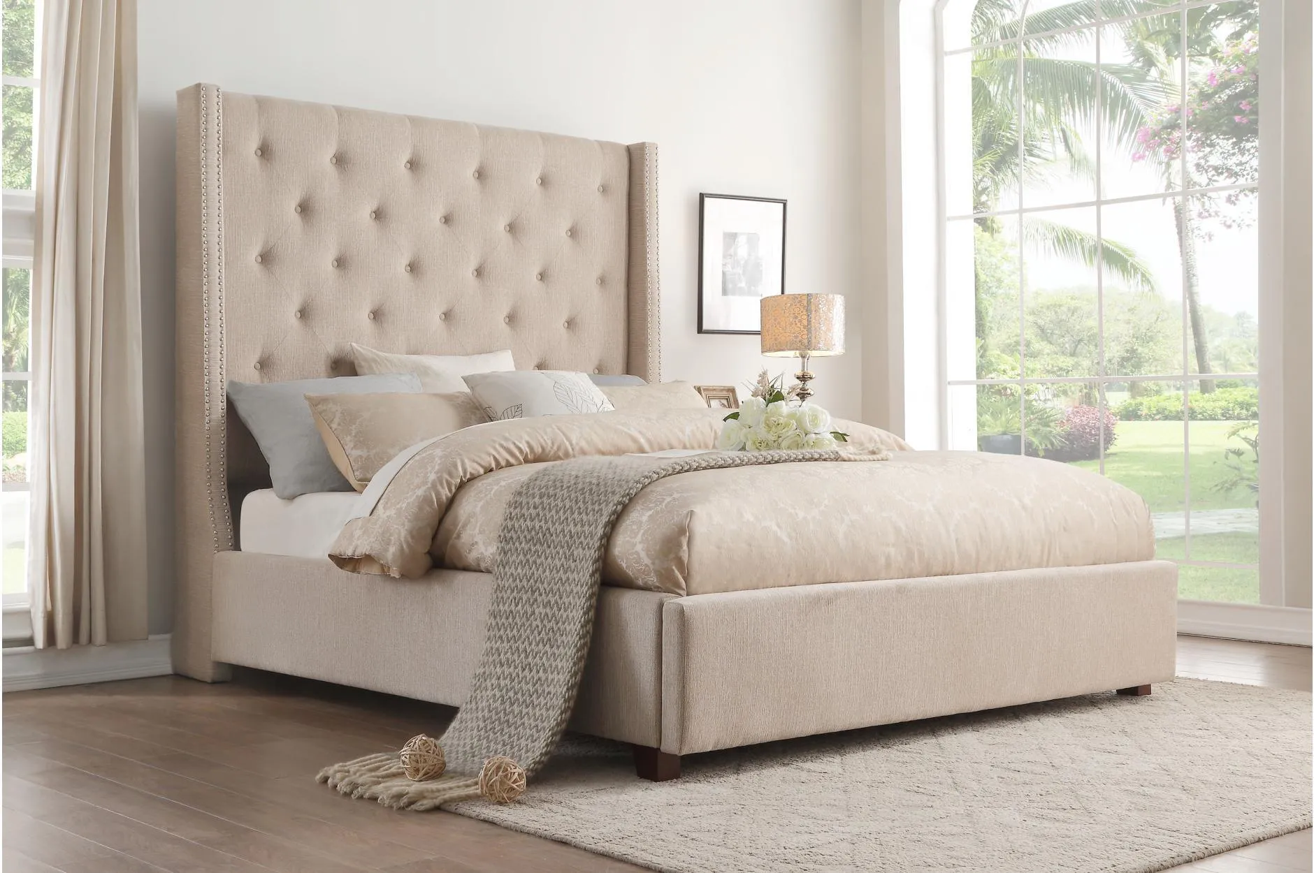 Fairborn Beige King Upholstered Storage Platform Bed - Image 3