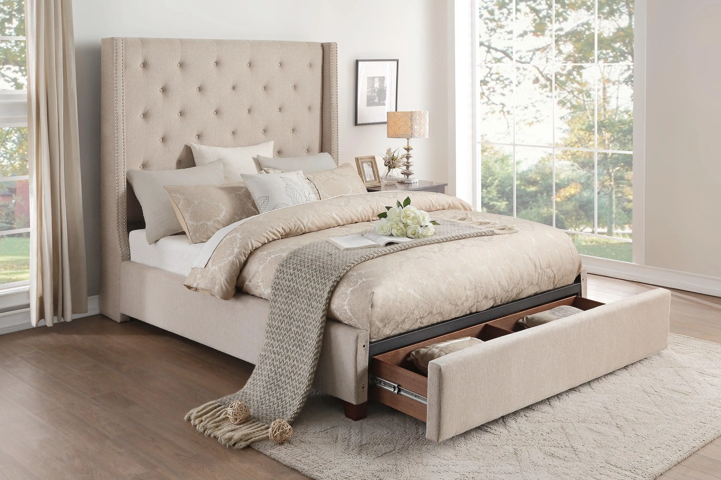 Fairborn Beige King Upholstered Storage Platform Bed - Image 6