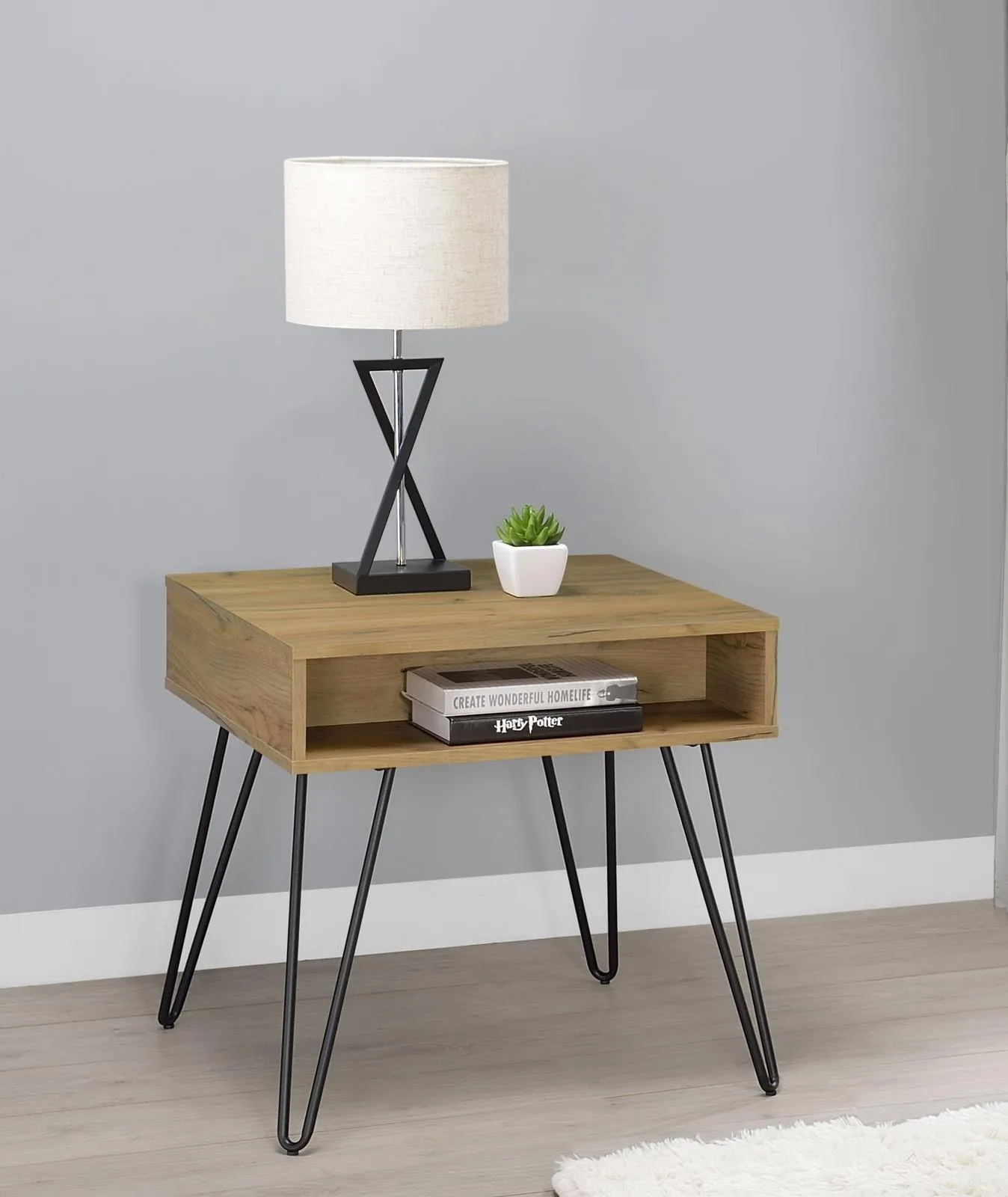 Fanning Golden Oak/Black Square End Table with Open Compartment