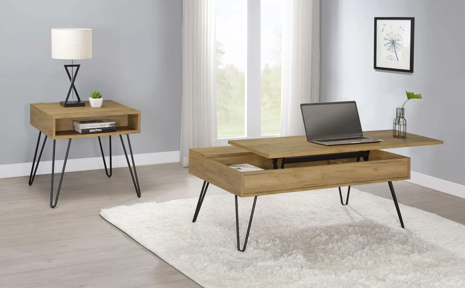 Fanning Golden Oak/Black Square End Table with Open Compartment - Image 5