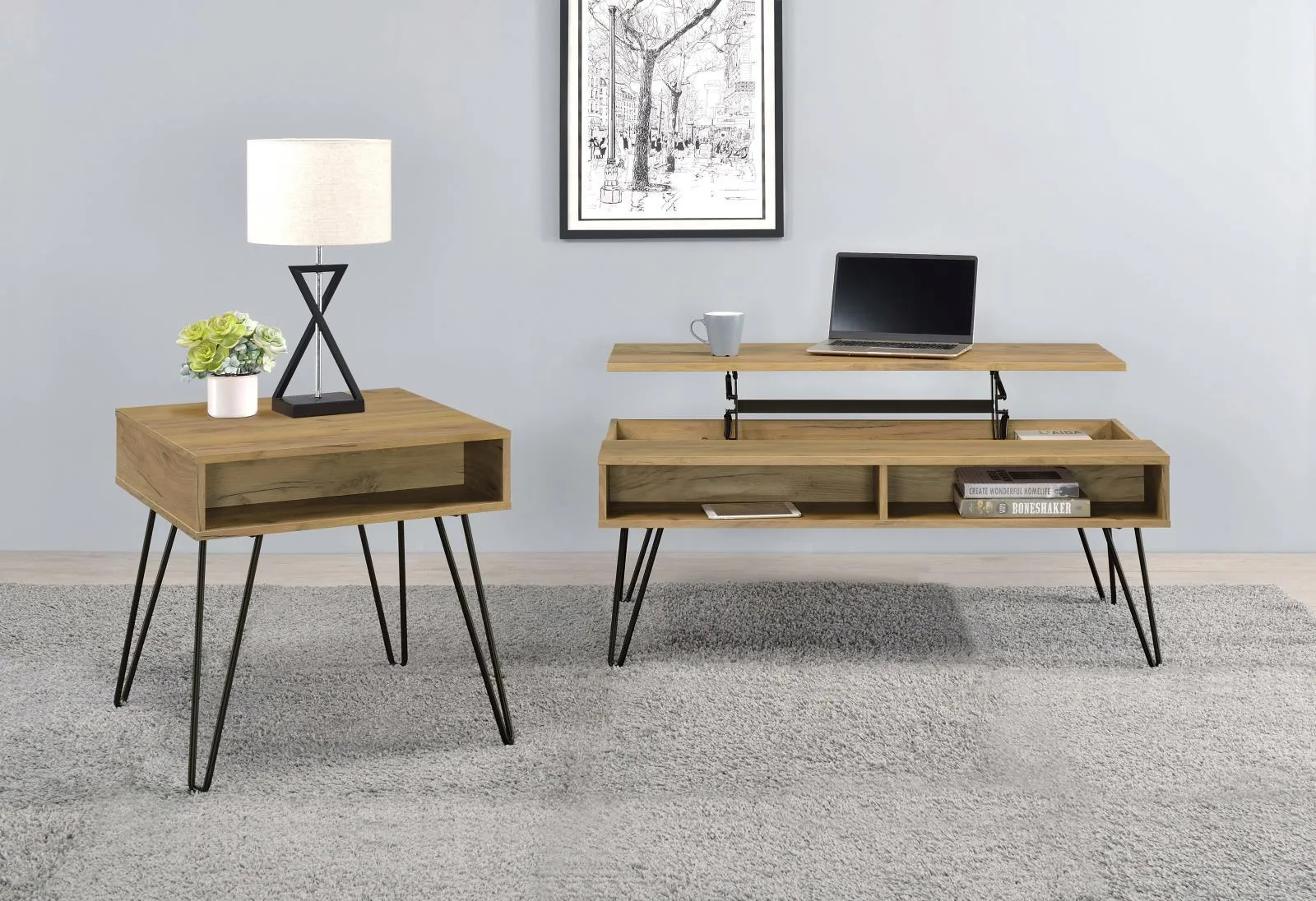 Fanning Golden Oak/Black Square End Table with Open Compartment - Image 6