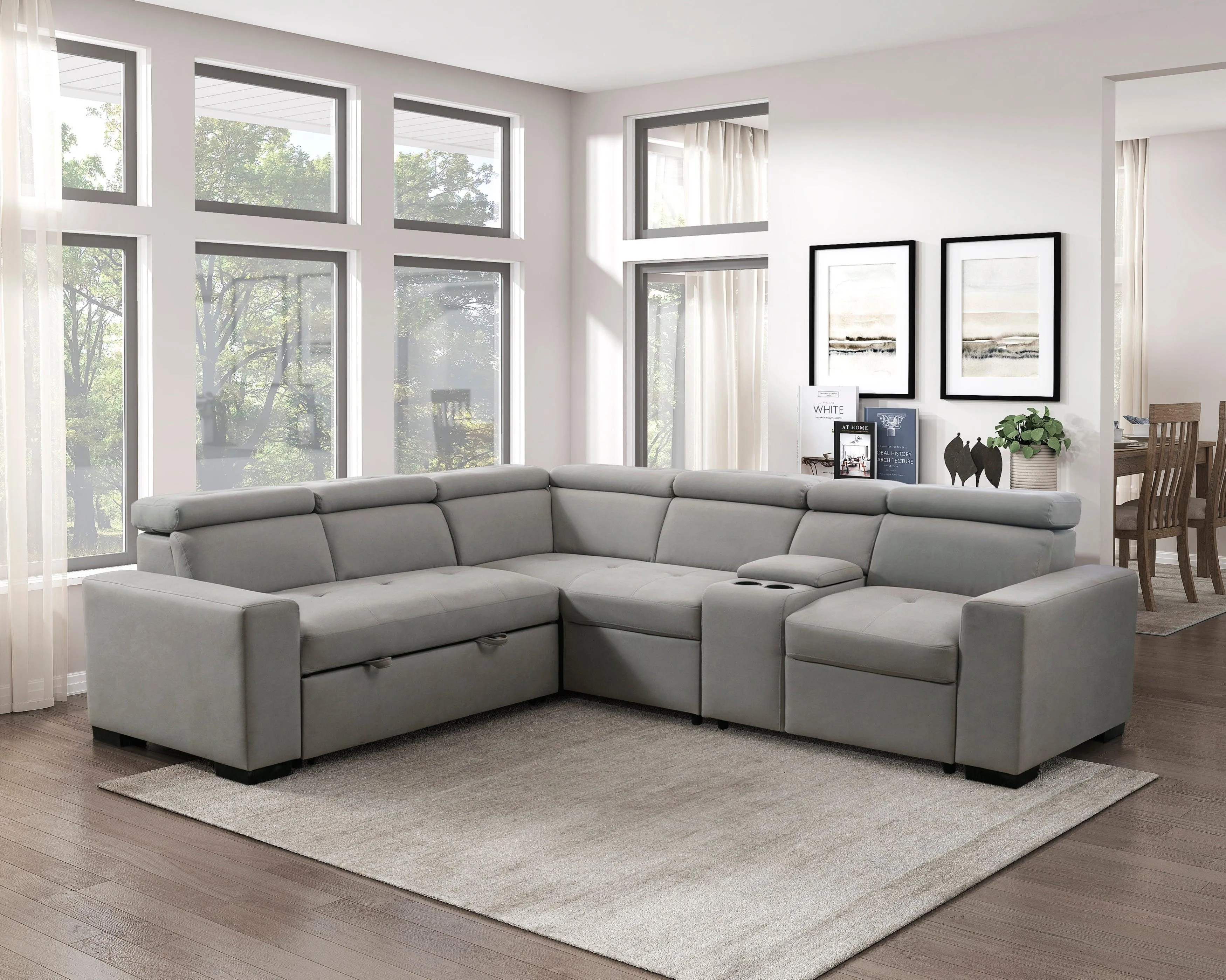 Farrah Light Gray 3-Piece Sectional with Adjustable Headrests, Pull-out Bed and Console - Image 3