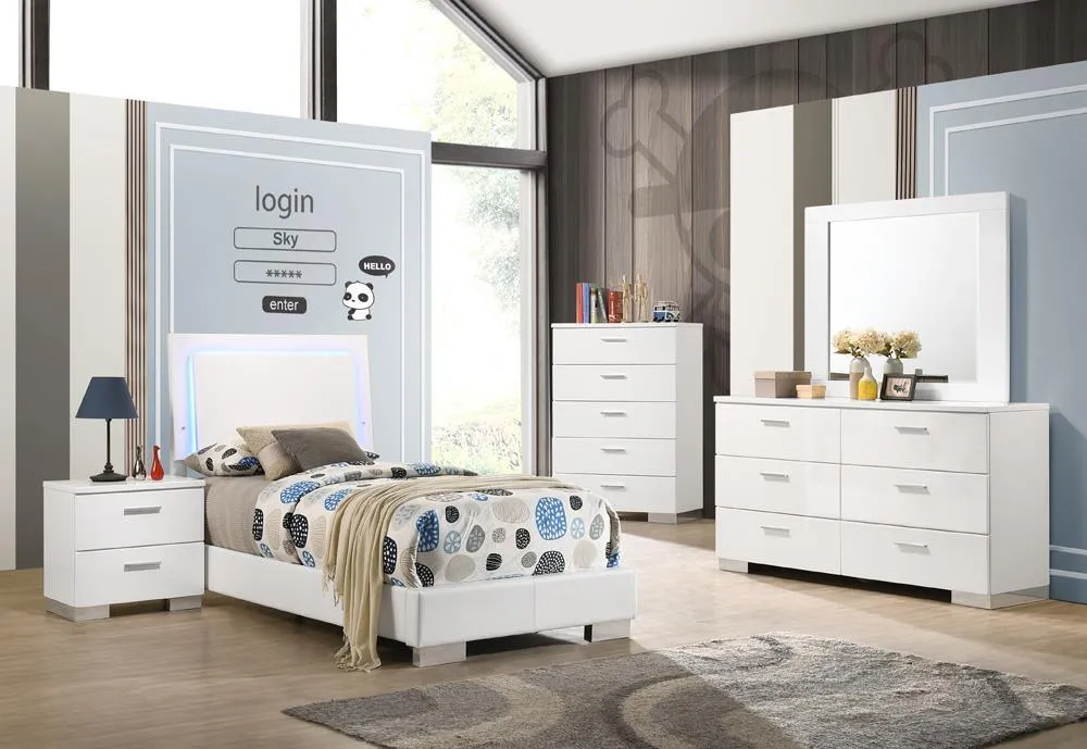 Felicity Glossy White Twin Panel Bed with LED Lighting - Image 3